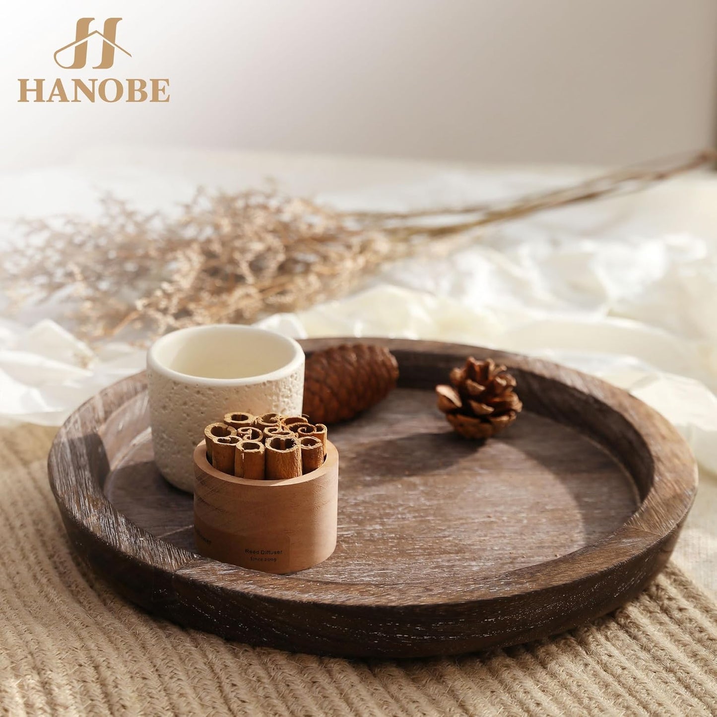 Hanobe Candle Plate Holder Tray: Round Wood Decorative Candle Plate - Rustic Farmhouse CoffeeTable Decor - Tealight Pillar Trays for Home Decor (Distressed)