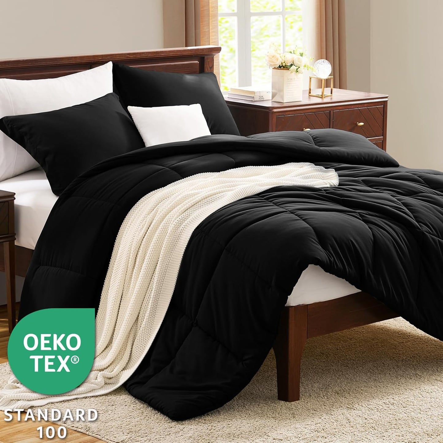 CozyLux Queen Comforter Set Black - 3 Pieces Box Stitched Comforters Queen Size, Soft Bed Set for All Seasons, Lightweight Bedding Sets with 1 Down Alternative Comforter and 2 Pillow Shams