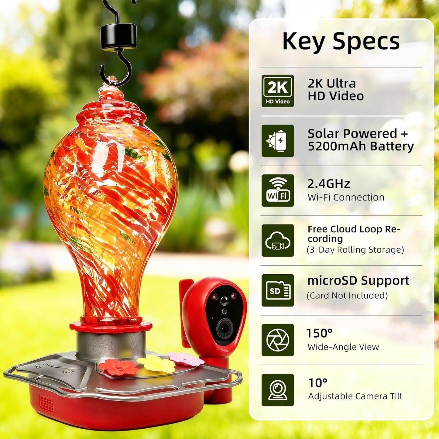 Smart Hummingbird Feeder with Camera, Solar Powered 2K HD Live View Glass Station, AI Bird ID & Motion Alerts, Auto Nectar Monitor, Leakproof Water Moat,Hummingbird Feeders for Outdoors & Hanging Gift