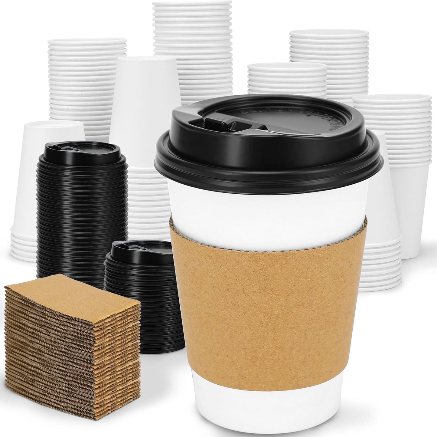 100 Pack 12 oz Disposable Coffee Cups with Lids and Insulated Sleeves, Leak-free Paper and Sturdy Thick Paper Hot to Go Coffee Cups with Lids for Cold/Hot Beverage (White)