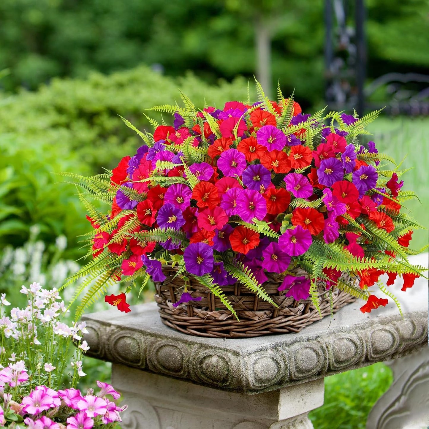 Artificial Flowers for Outdoors 12 Bundles Artificial Petunias Fake Flowers UV Resistant Shrubs Plants with Fern for Indoor Outside Hanging Planters Home Garden Spring Summer Decorations