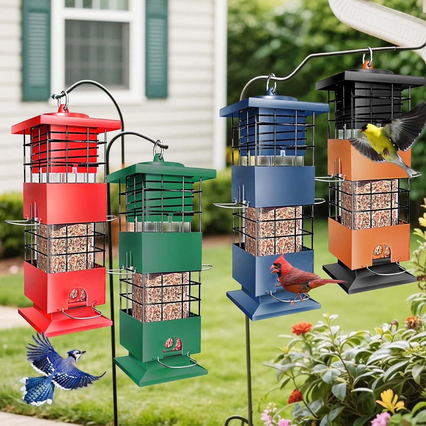 Bird Feeders Squirrel Proof for Outdoors, 3LBS Metal Hanging Bird Feeders, Weight-Activated Perches Anti-Squirrel Birdfeeder for Blue Jay, Cardinal, Outside (Red)