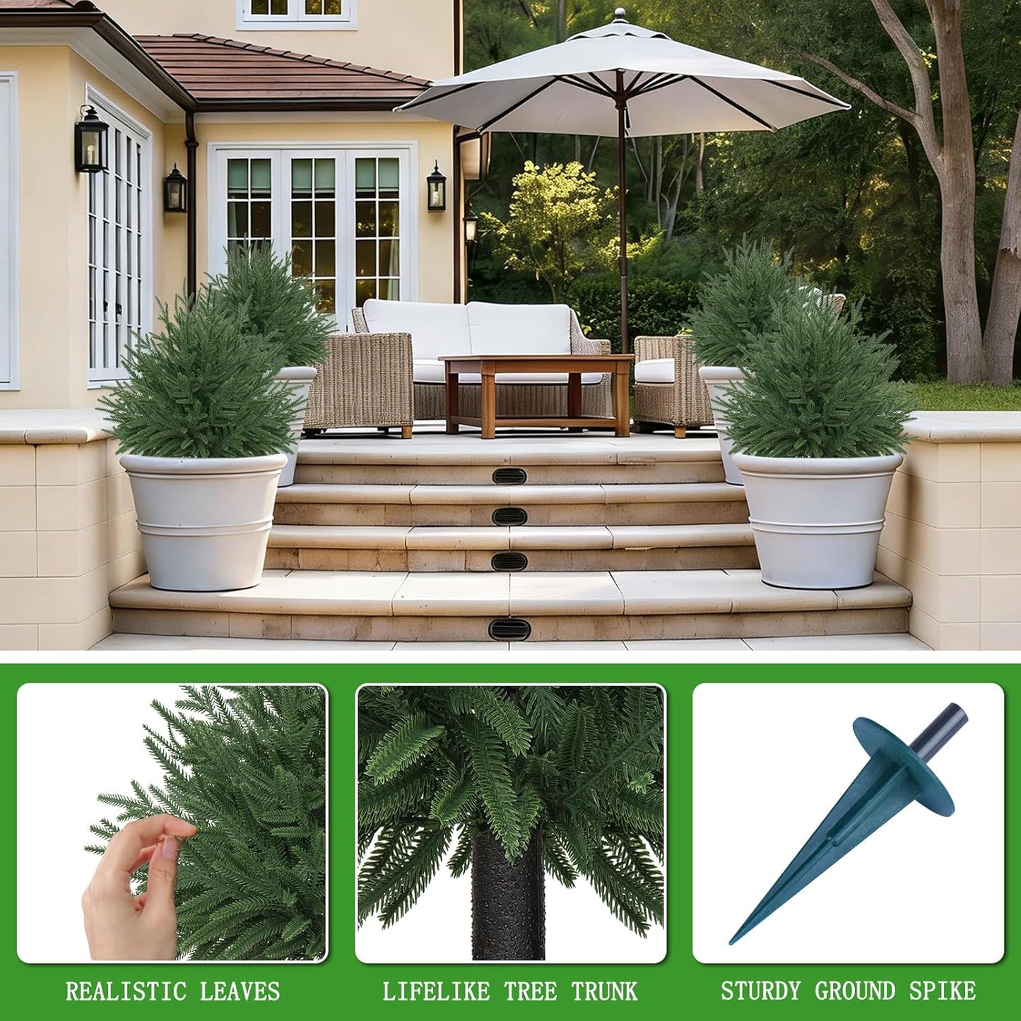 24" Artificial Topiary Trees with Ground Spike, Set of 2 Real Touch Norfolk Pine Topiary, UV Resistant Shrubs Plants Fake Cedar Tree Bushes for Outdoor Front Porch Garden Décor