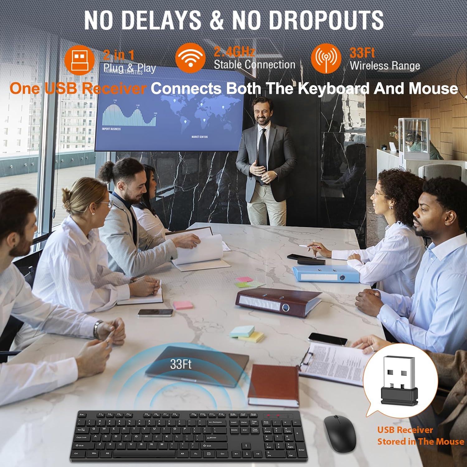 Wireless Keyboard and Mouse Combo, EDJO Silent Full Size Cordless USB 
