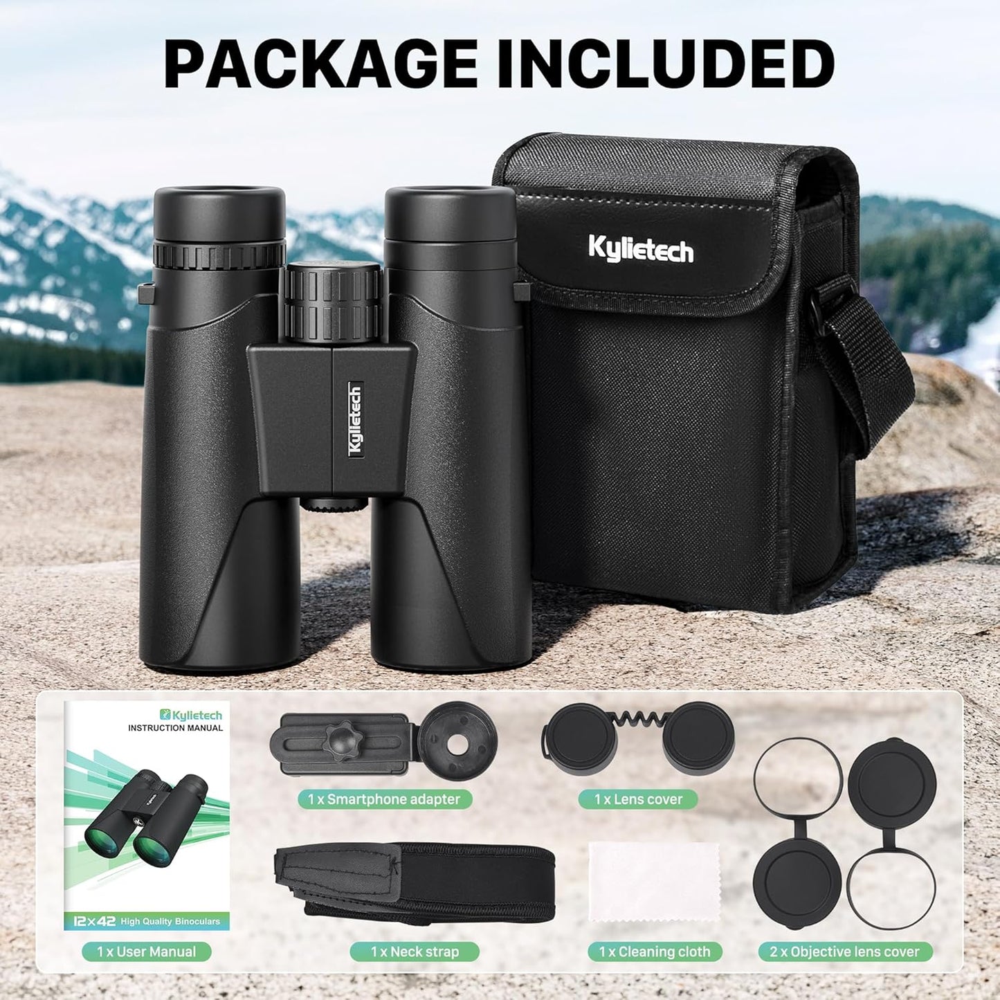Kylietech 12X42 Binoculars for Adults with Universal Phone Adapter, HD Waterproof Fogproof Compact Binoculars for Bird Watching, Hunting, Hiking, Sports, and Concerts with BAK4 Prism FMC Lens