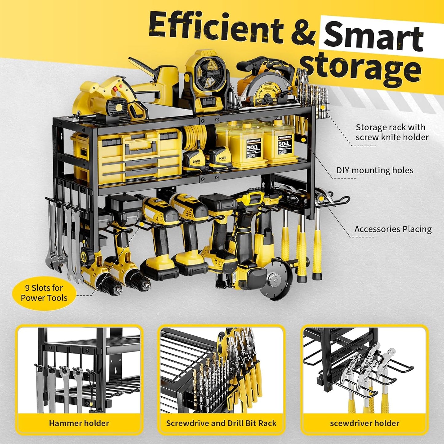 Power Tool Organizer Wall Mount Heavy Duty 320 lbs, 3 Layers Storage Rack with 9 Drill Holders & Battery Storage, cordless tool organizer for Garage, Workshop & Tool Room