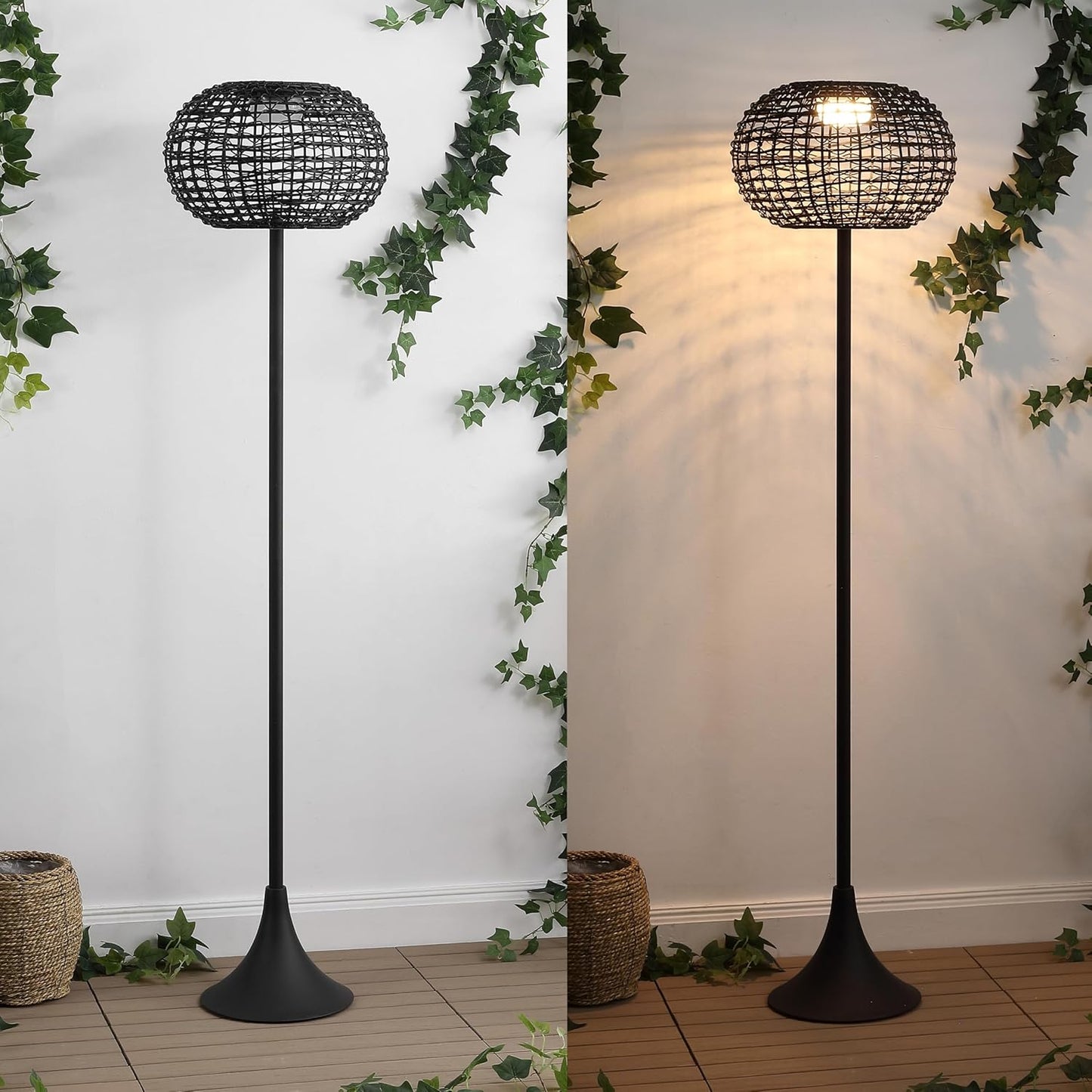 JONATHAN Y 58" Black Modern Outdoor Solar Floor Lamp, Waterproof LED Standing Light for Patio, Deck, Porch, Faux Rattan Shade, USB-C Rechargeable, Coastal Decor JYL2601A