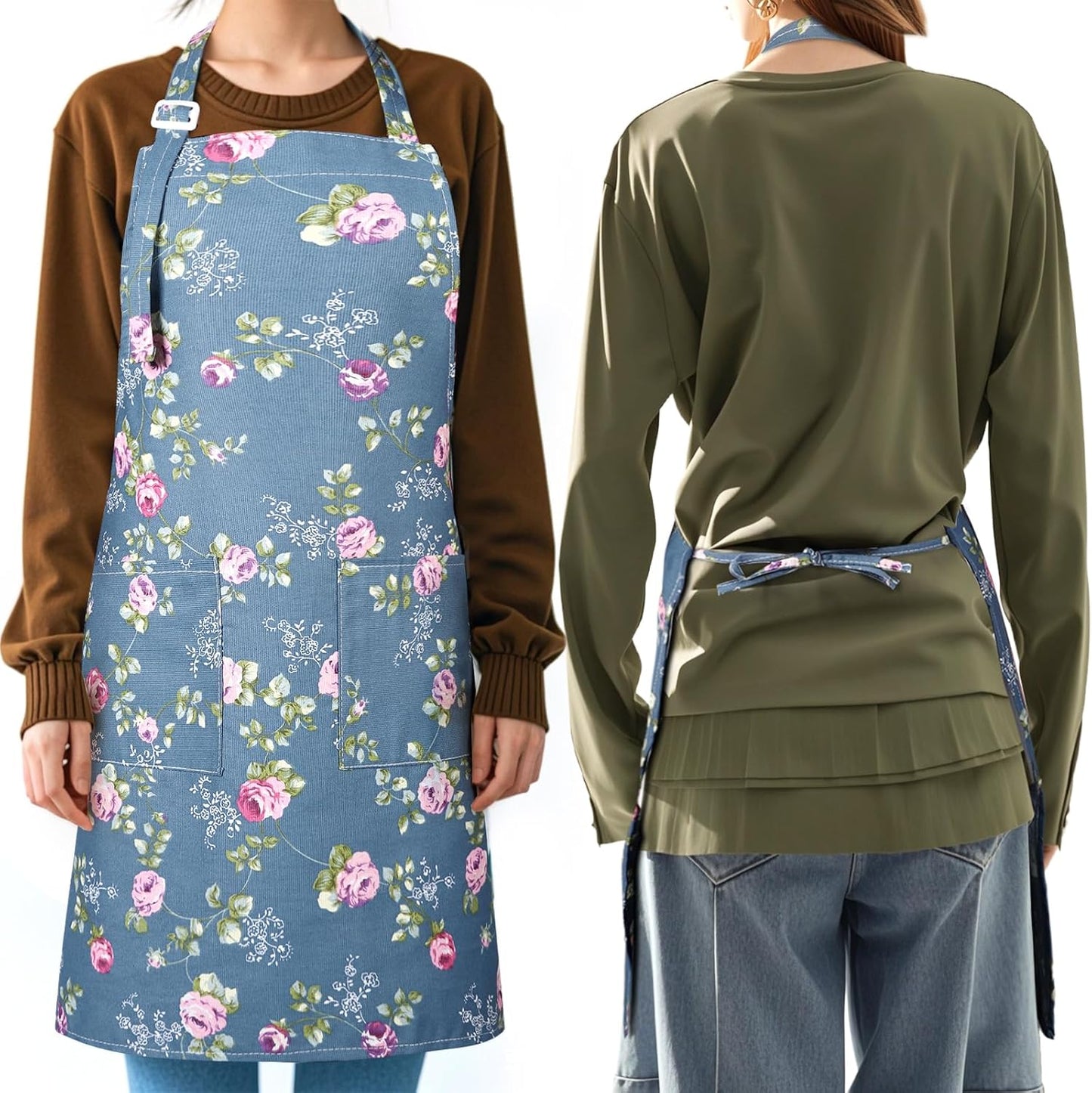 Apron for Women with Pockets, 3 Pcs Floral Print Canvas Apron with Adj