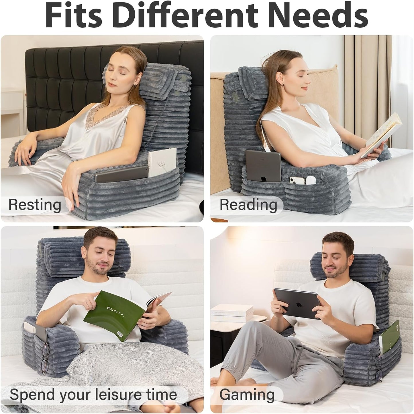 ENITYA 22" XL Back Pillow for Bed Sitting Up, Reading Pillow with Armrests & Big Pockets, Soft Back Support Chair, Ideal for Watching TV, Gaming, Nursing, Resting, Post Surgery, Dark Grey