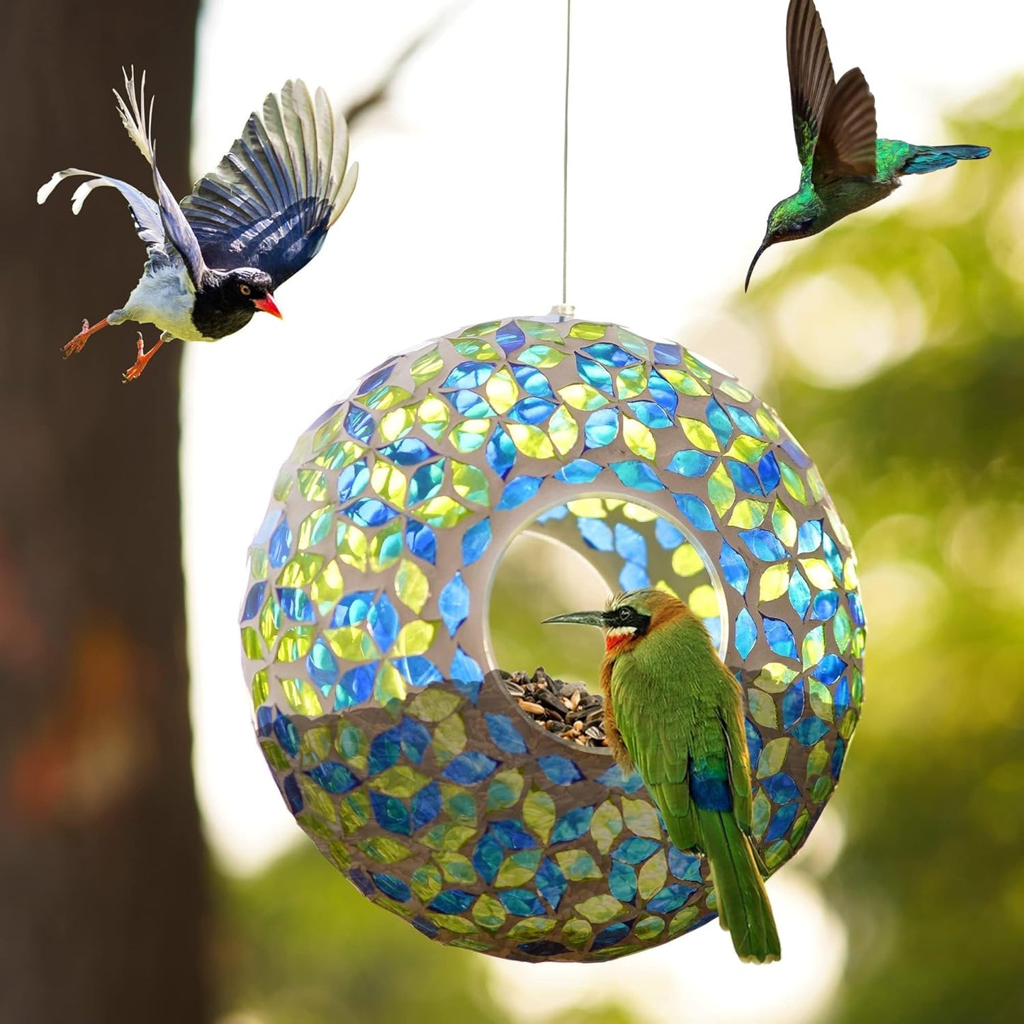 Mosaic Bird Feeder - Outdoor Fly Through Wild Hanging Bird Feeders with Mosaic Glass Design for Garden, Yard, Backyard, Deck and Porch Decor, 9 Inch