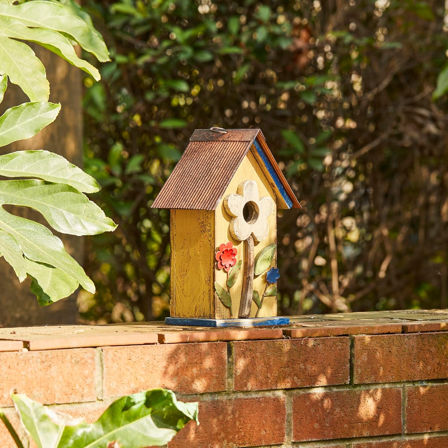 10.25''H Hanging Birdhouse Washed Yellow Distressed Solid Wood Cottage