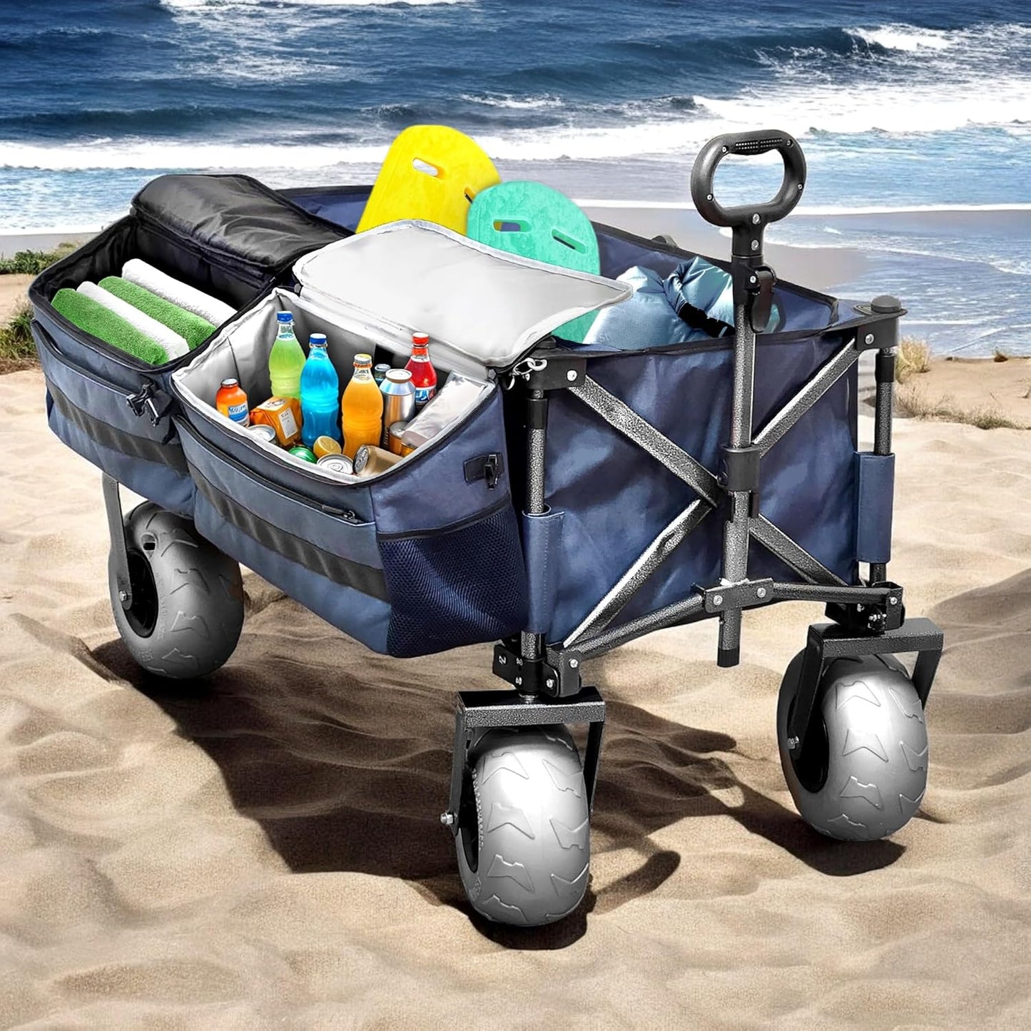Ultimate Beach Wagon with Big Wheels for Sand and Removable Cooler, Foldable All-Terrain Heavy Duty Folding Cart with Balloon Air Tires, Large Dual-Compartment Outboard Carrier (34L)