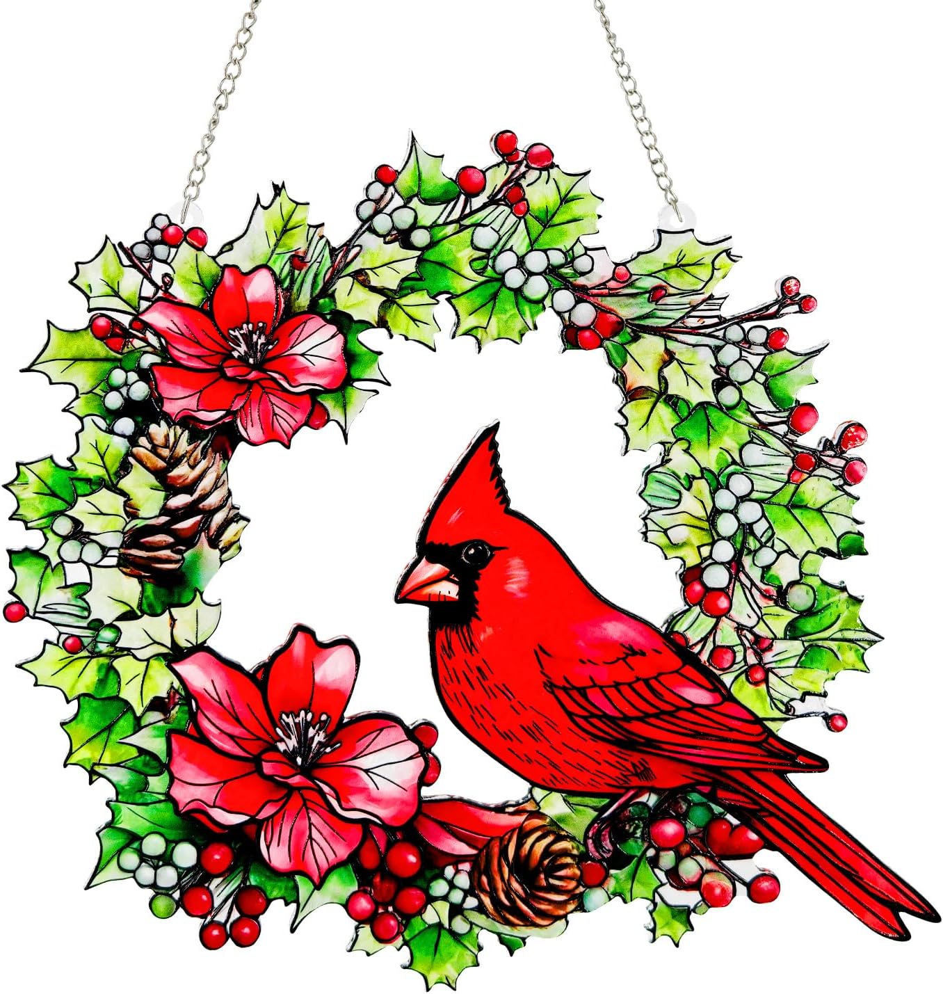 Cardinal Stained Glass Window Hanging, Renyalora 10 Inch Red Cardinal Bird Wreath Suncatcher with Flowers & Pinecones, Real Glass Window Decor Gift for Bird Lovers Mom Women Home Garden