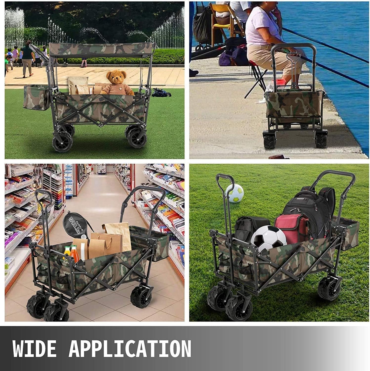 Collapsible Wagon Cart, w/Removable Canopy 600D Oxford Cloth, for Beach, Garden, Camouflage