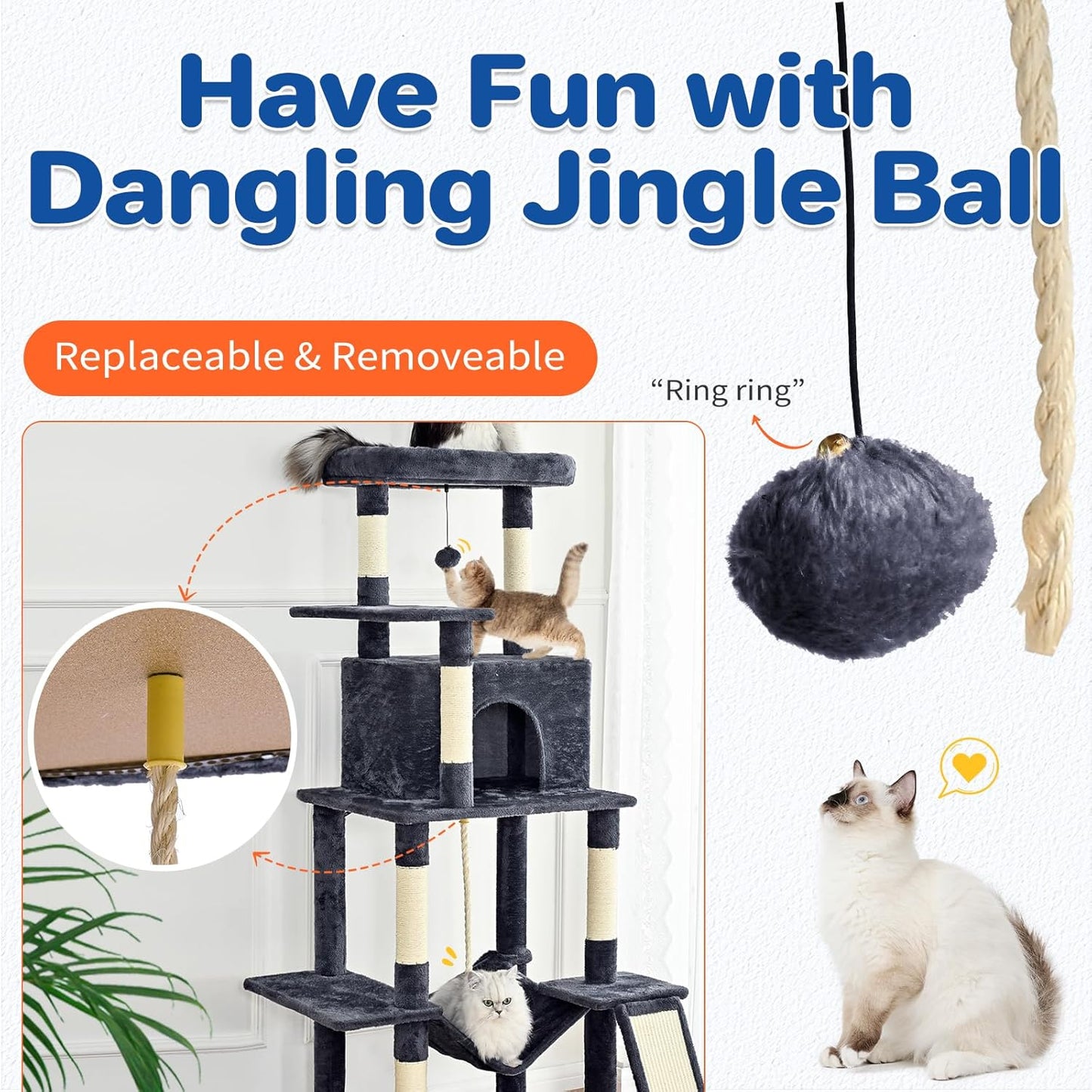 Cat Tree Tower 63in Multi-Level Cat Tower for Indoor Cats with Sisal S