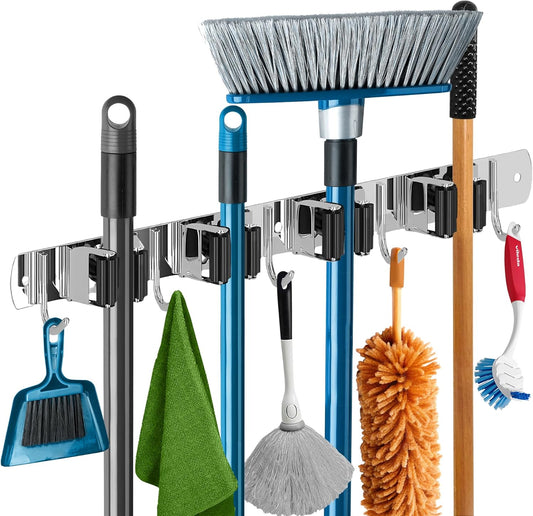 The Good Stuff Heavy Duty Mop and Broom Holder Wall Mount – Stainless Steel 5-Rack Organizer with 4 Hooks – Space Saving, Rust-Resistant Utility Rack for Garage, Kitchen, Laundry or Garden Tools