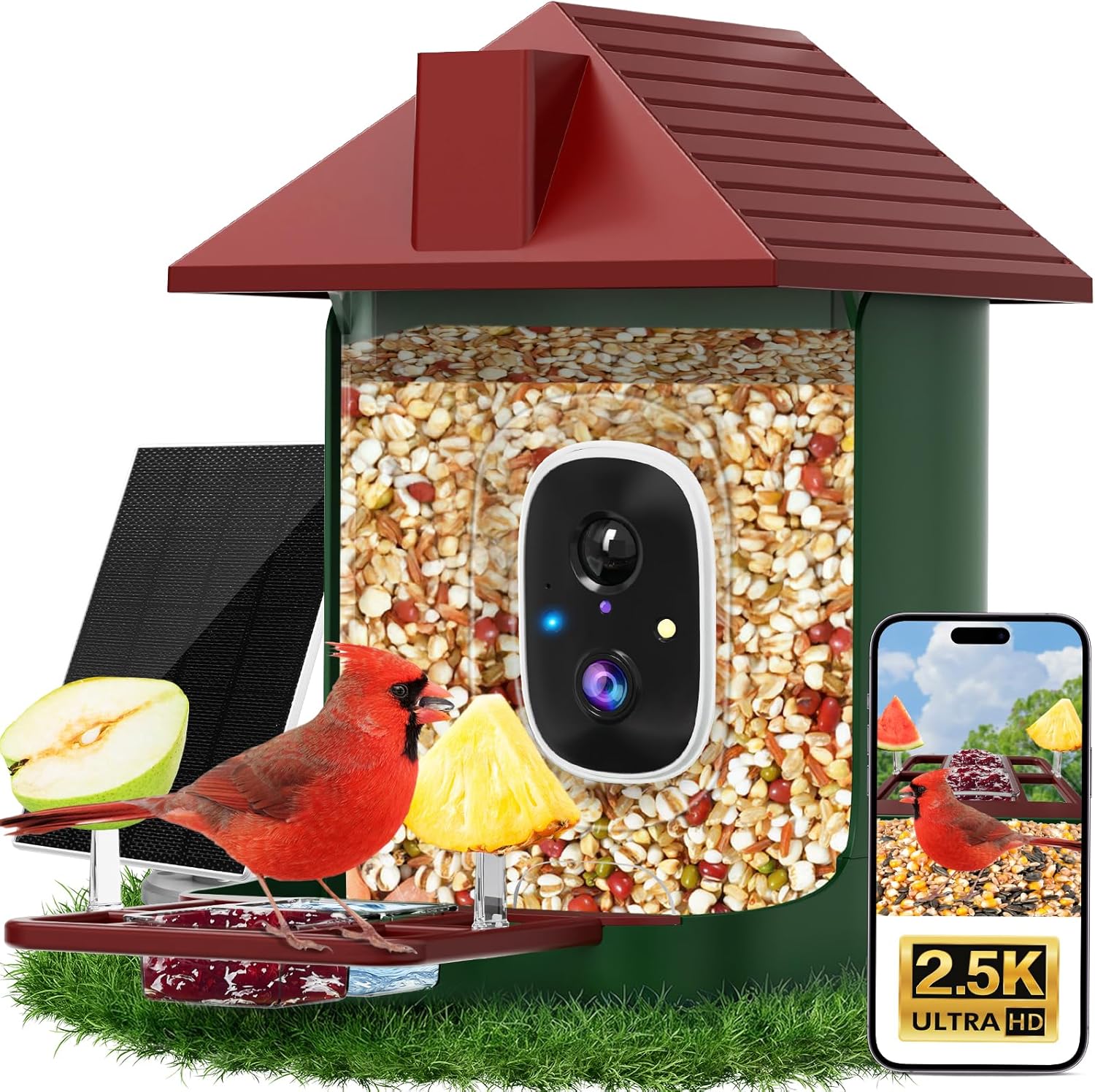 Smart Bird Feeder with Camera Solar Powered, 5MP 2.5K HD Live Video Bi