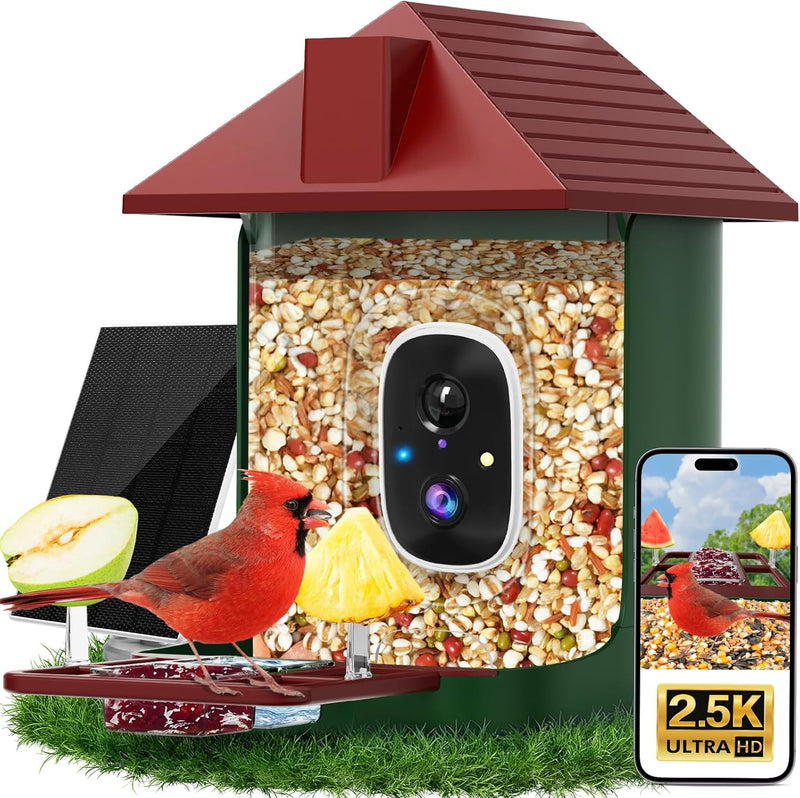 Smart Bird Feeder with Camera Solar Powered, 5MP 2.5K HD Live Video Birdhouse Camera, AI Identify, Instant Notify, Motion Detection, Cloud Storage, Color Night Vision, Ideal Gift for Bird Watching