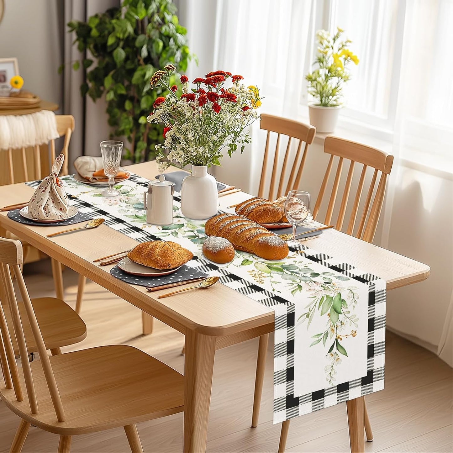 Bonhause Green Eucalyptus Leaves Flowers Table Runner 13x72 Inch Black White Buffalo Plaid Spring Plants Kitchen Dining Table Decoration for Indoor Outdoor Home Party Decor
