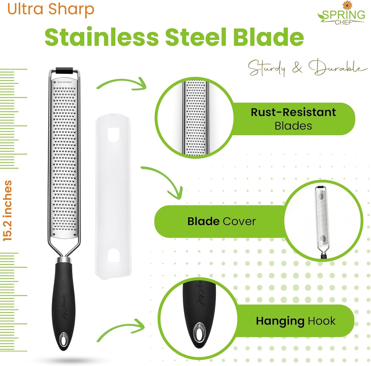 Spring Chef Stainless Steel Lemon Zester Grater with Handle - Garlic, Cheese, Parmesan, Nutmeg, Lime, Ginger Grater - Heavy Duty Kitchen Tool - Citrus Zester with Blade Cover - Fine Shred - Black