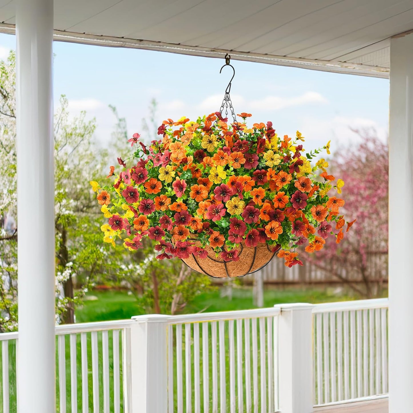 Artificial Fake Hanging Plants Flowers Basket, Faux Silk Daisy in Planter Realistic UV Resistant for Outside Home Patio Balcony Yard Mums Autumn Outdoor Decoration (Orange Brown Yellow)