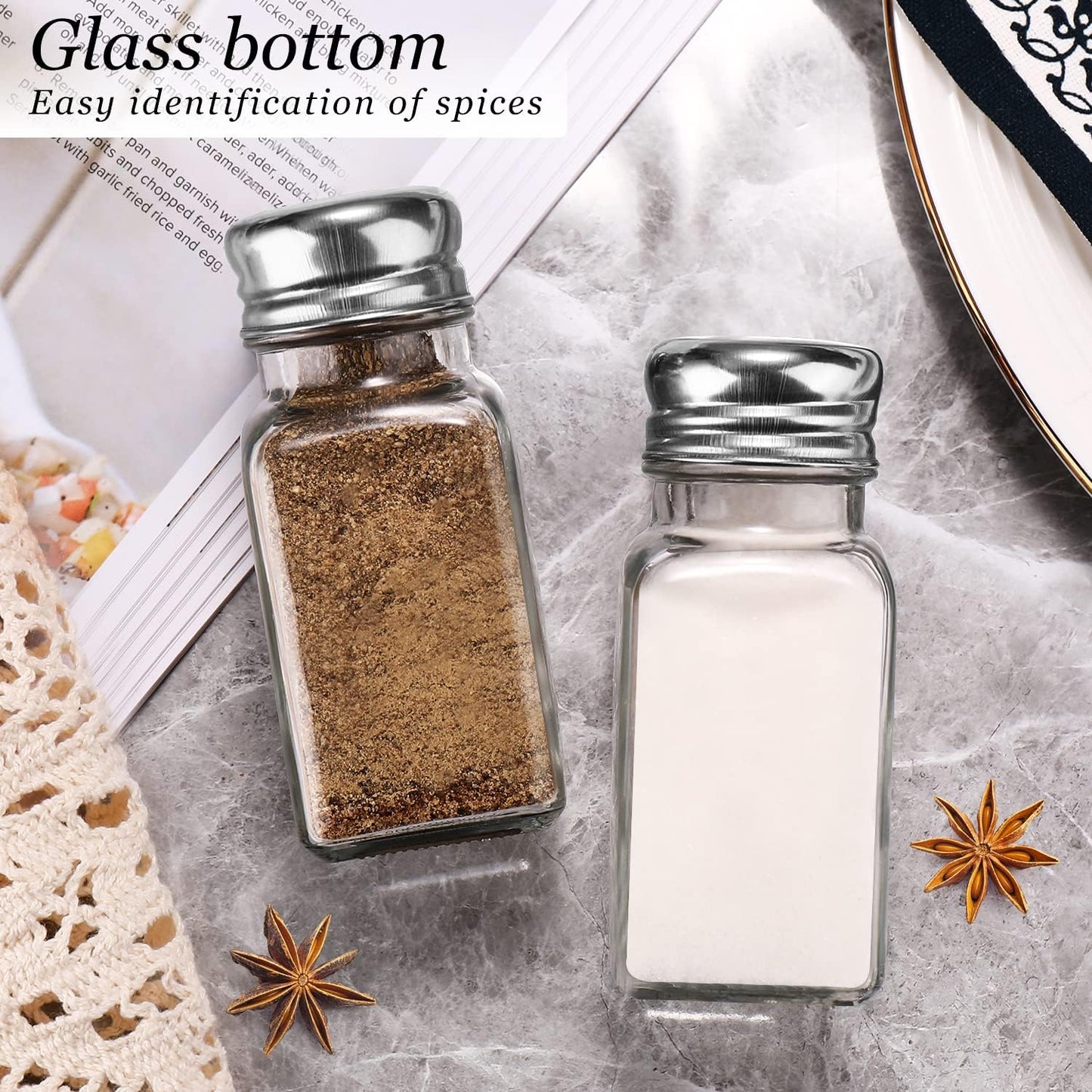 Salt and Pepper Shakers Set,DWTS DANWEITESI Salt Shaker with Stainless Lid-Glass Spice Jars Kitchen Gadgets,Clear to Know When to Fill,Farmhouse Salt Pepper Shakers Cute Kitchen Essentials Decoration