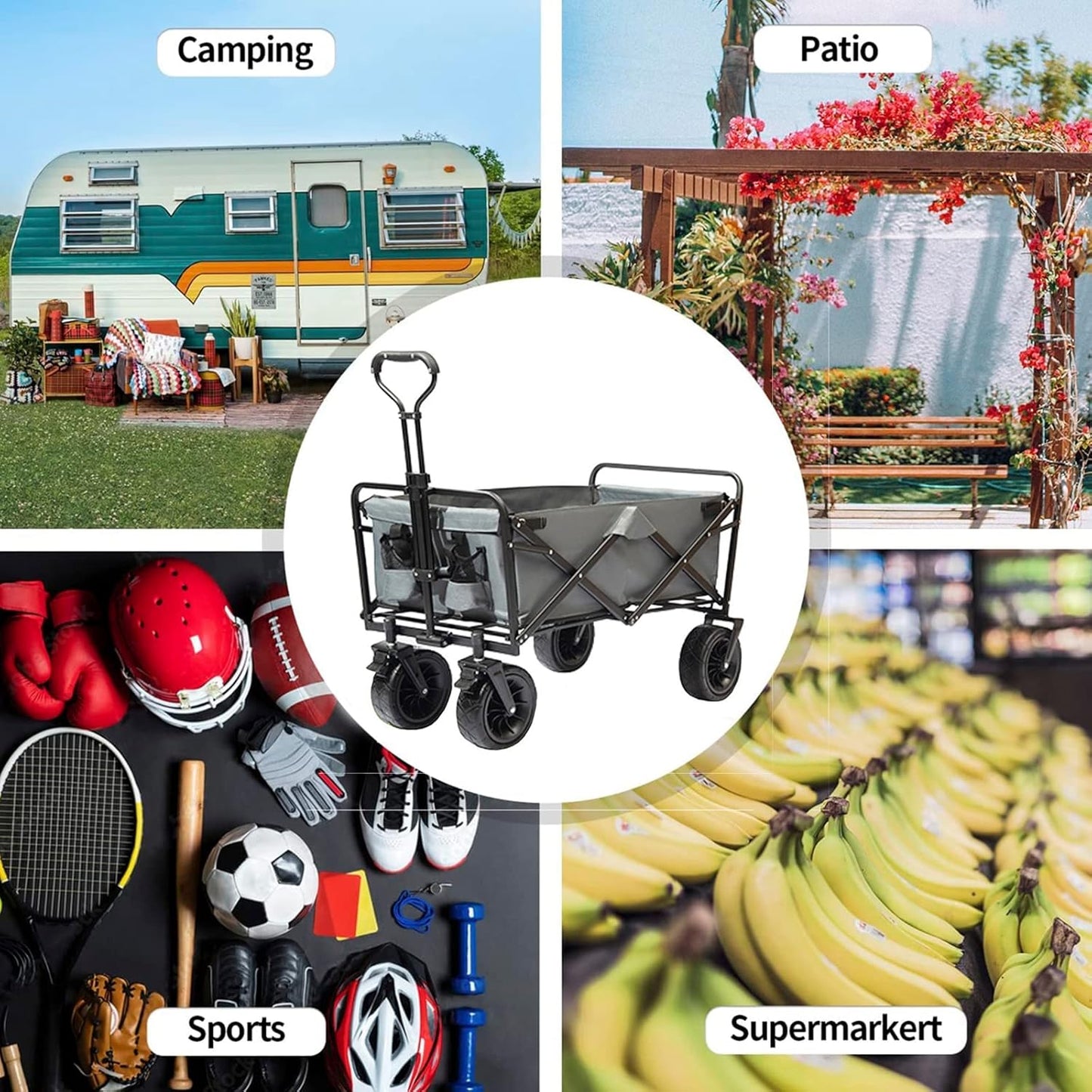 Heavy Duty Collapsible Folding Wagon Cart - Portable All-Terrain Beach & Garden Utility Cart with Wide Wheels for Camping, Fishing, Shopping, Sports - Grey
