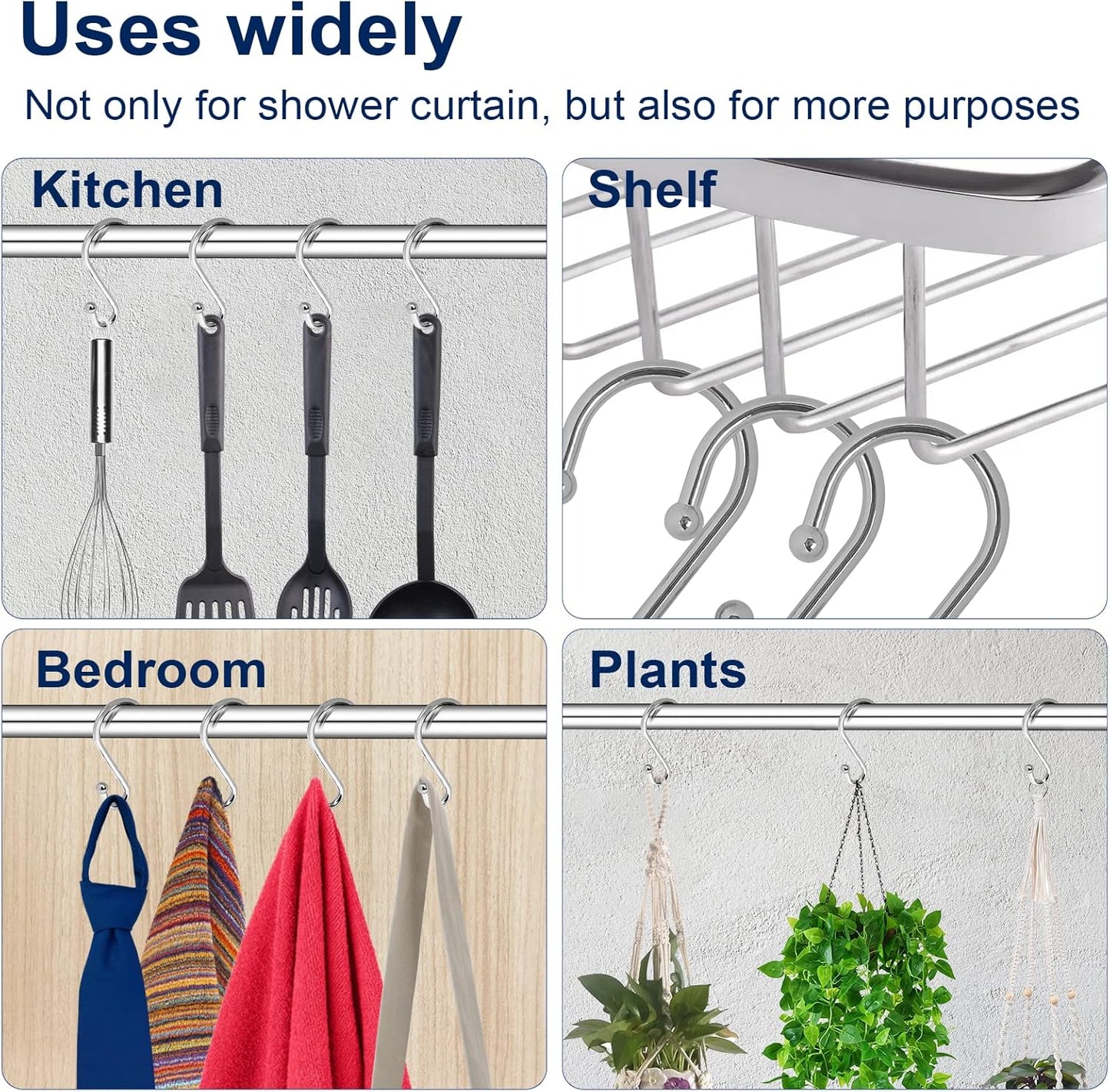 Metal Shower Curtain Hooks, Set of 12, Rust Proof Shower Curtain Hooks Rings, Durable S Shaped Hooks Hangers for Shower Curtains, Kitchen Utensils, Clothes, Towels (Chrome)