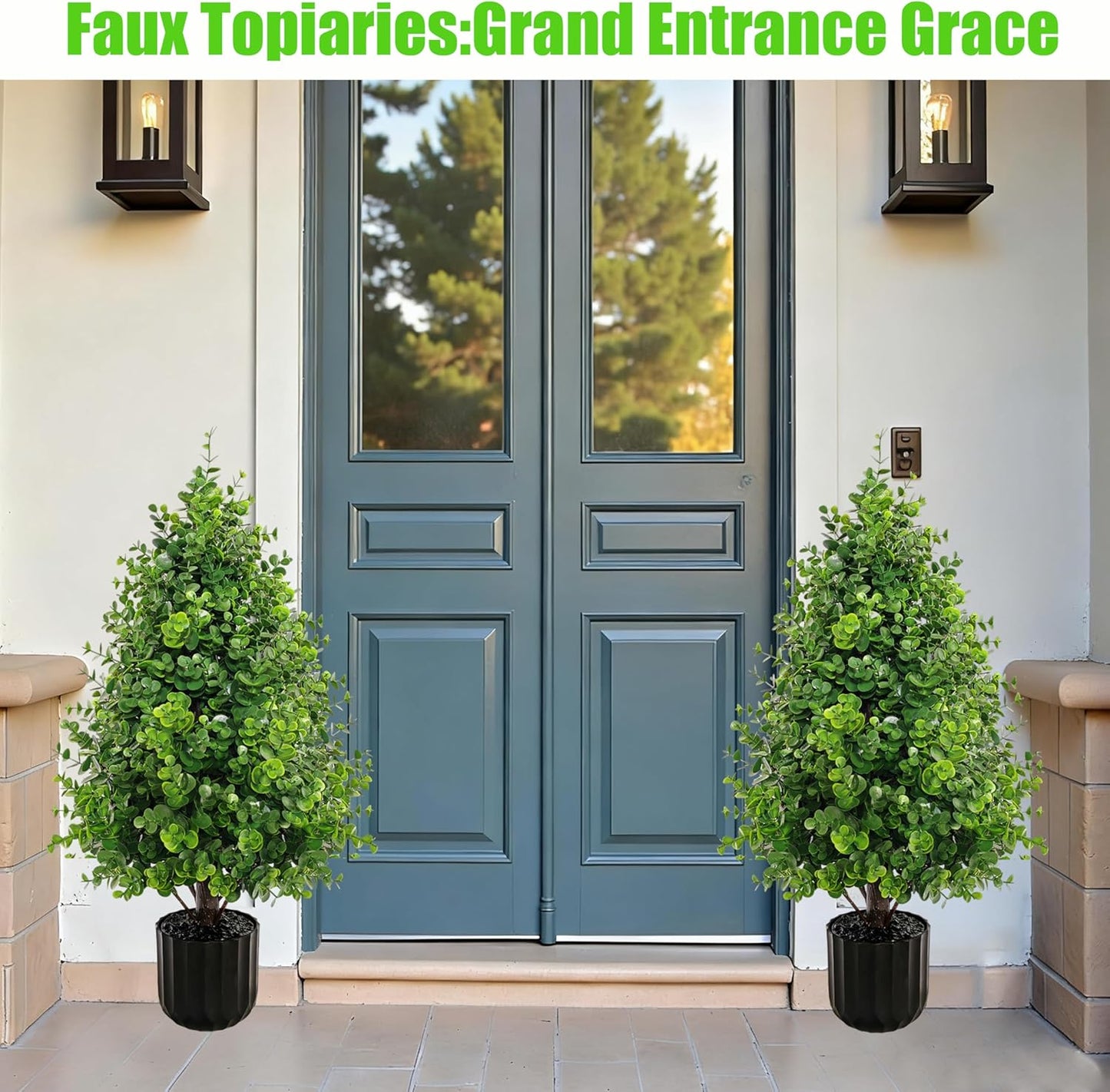 Artificial Cedar Topiary Boxwood Trees Oudoor Indoor Set of 2, 2.3FT Potted Faux Cypress Tree Plants with Pot, UV Rated Fake Evergreen Stems Tree for Outdoor Planters Front Door Offices