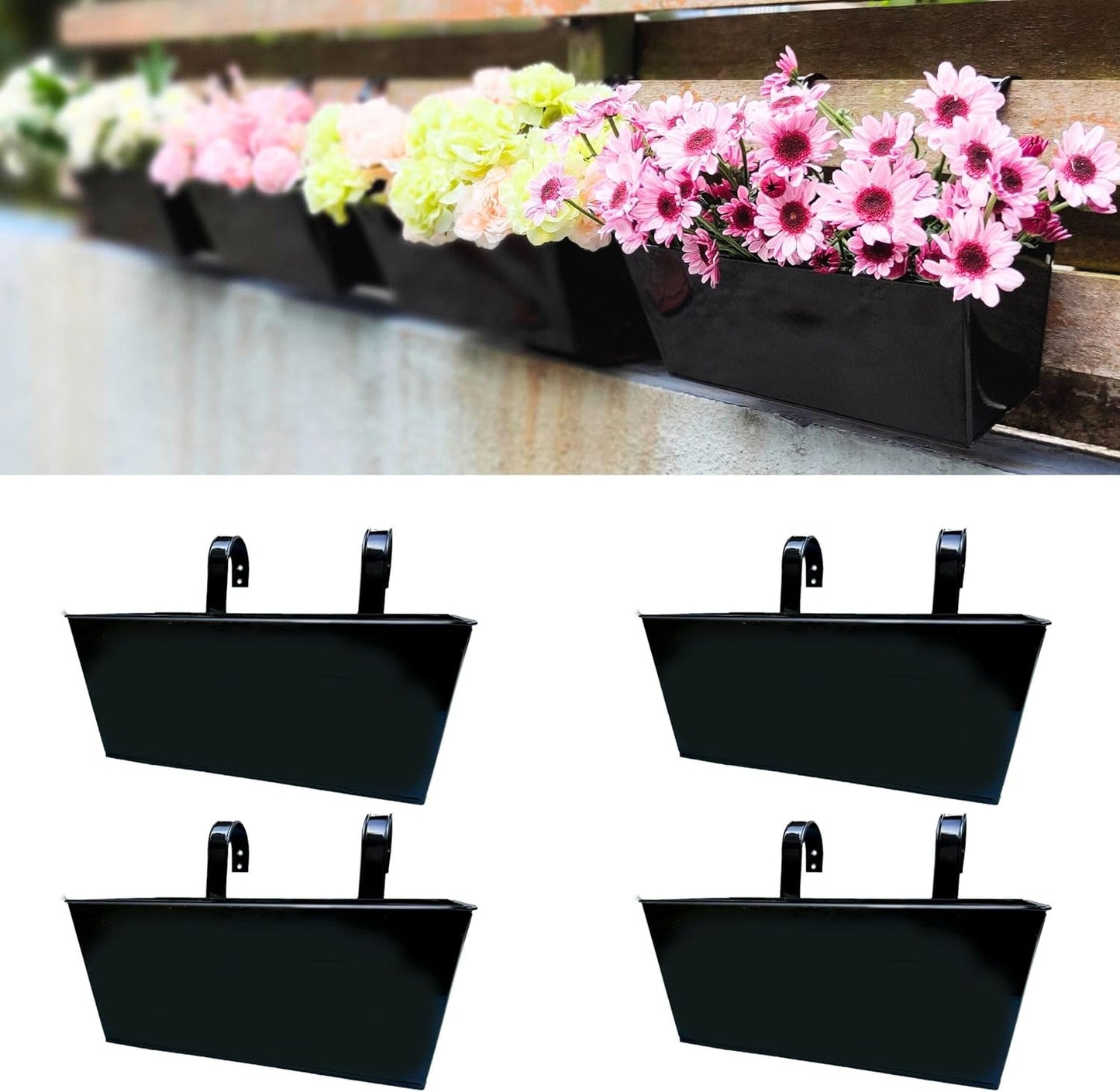 LaLaGreen Railing Planter (4 Pack, 14 Inch) Black Metal Rectangle Hanging Flower Pots Balcony Bucket Deck Rail Fence Trendy Long Strawberry Succulent Plant Holder Farmhouse Countryside Style Outside