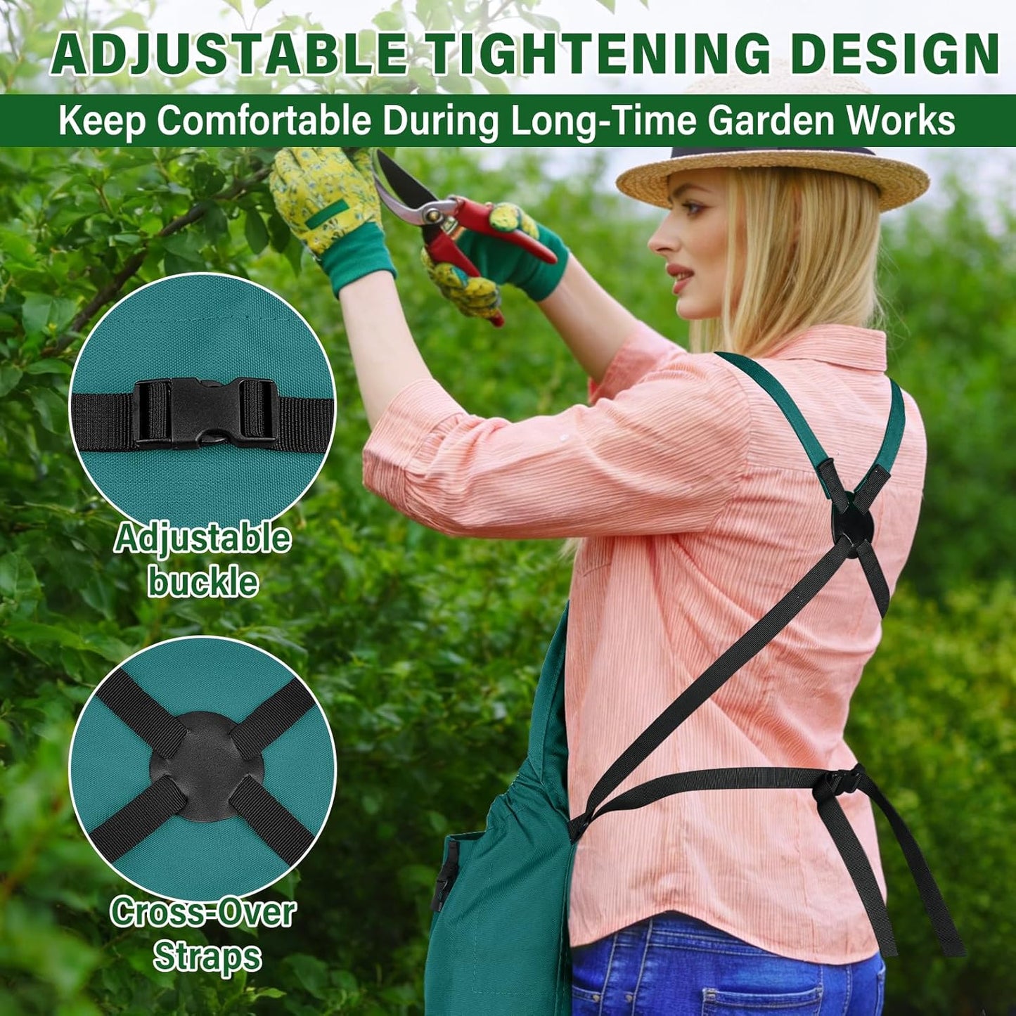 Garden Apron, Gardening Apron with Pockets for Women Men, Canvas Cross Back Harvest Aprons with & Internal Drawstring Bag