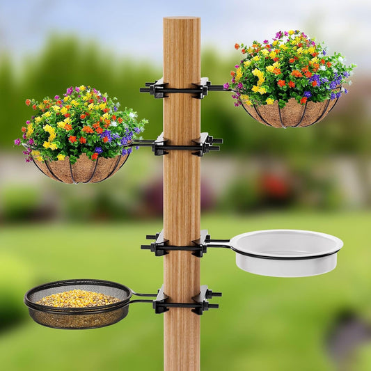 2 Pack Bird Feeder for Railing Pole, Bird Bath Feeding Station Kit with Water Bowl & Mesh Food Tray, Birdbaths & Birdfeeder Installed on Fences, Trees, Deck, Indoor and Outdoor