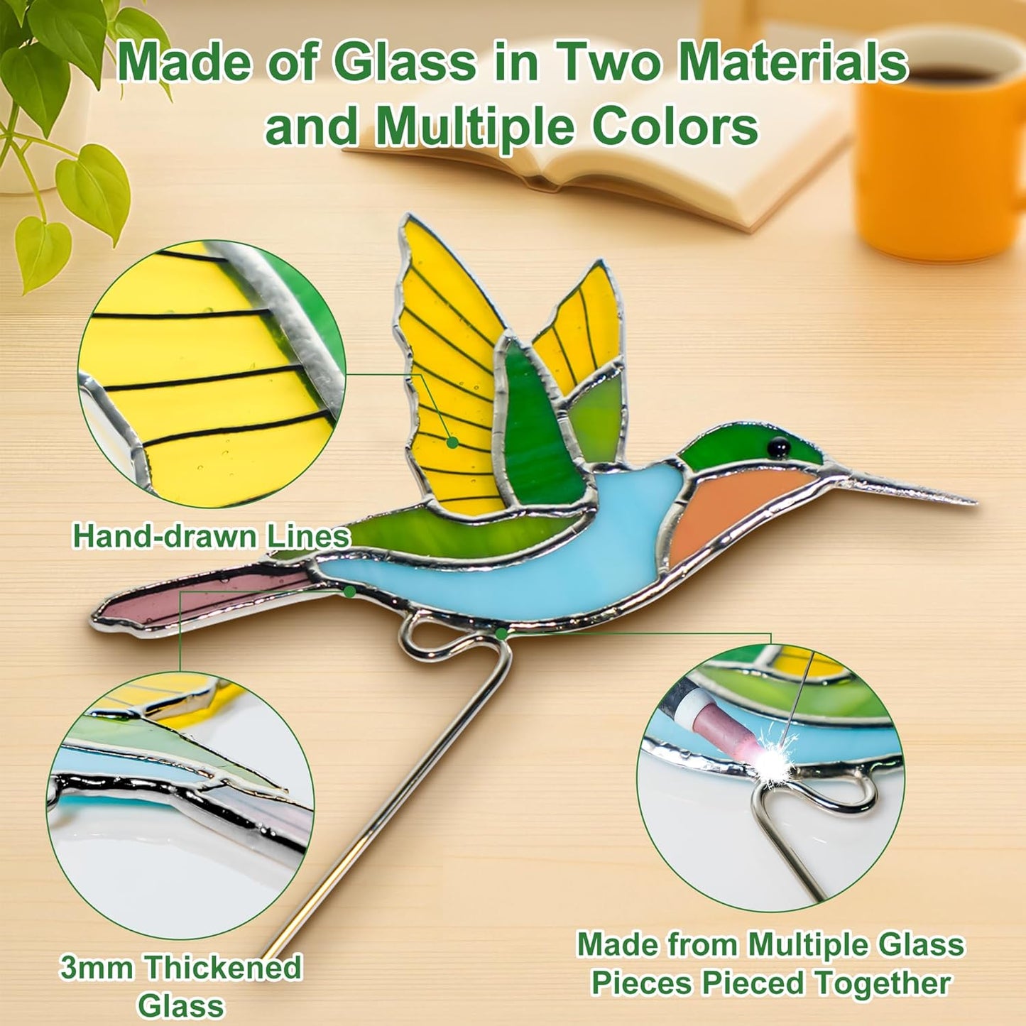 Hummingbird Stained Glass Suncatcher Decor for Indoor Outdoor Plants-P