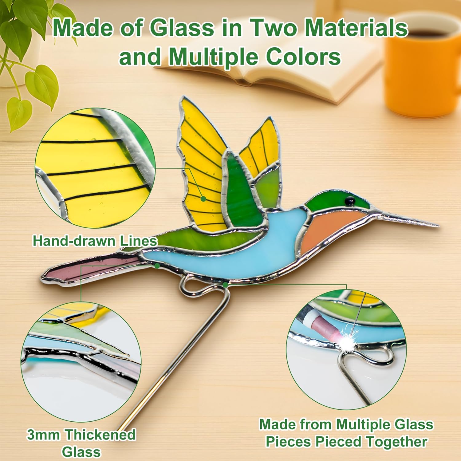 Hummingbird Stained Glass Suncatcher Decor for Indoor Outdoor Plants-P