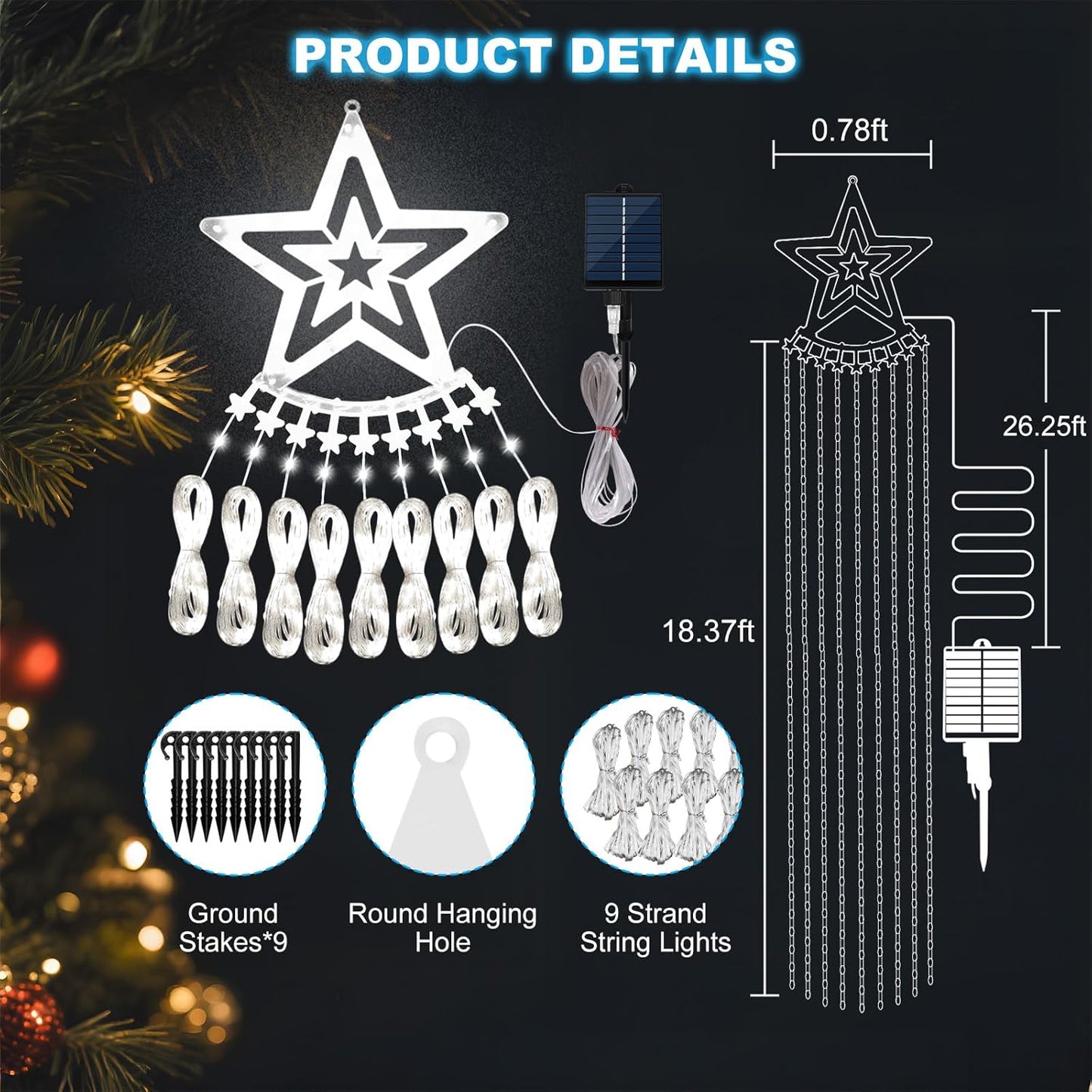 Solar Christmas Decorations Tree Lights Outdoor, 18.37ft 532LED Waterfall String Lights with 8 Modes Timer Remote Xmas Lights USB Powered for Garden Yard Patio Home Holiday Party Decor, Pure White
