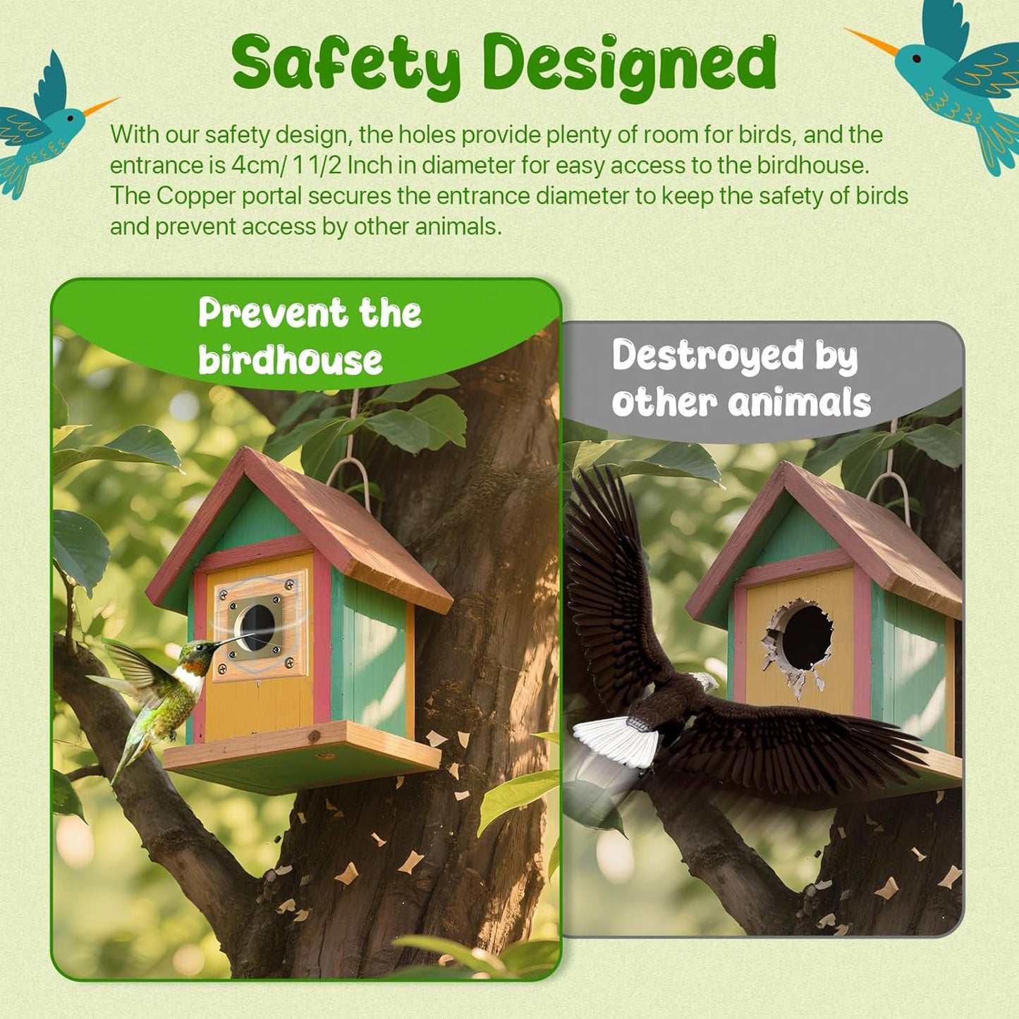 4 Pack Predator Guards for Birdhouses, Strong Wooden Birdhouse Protector Guards with Copper Portals, Birdhouse Hole Protector Guard Replacement for Eastern Bluebird Houses, 1 1/2 Inch Opening