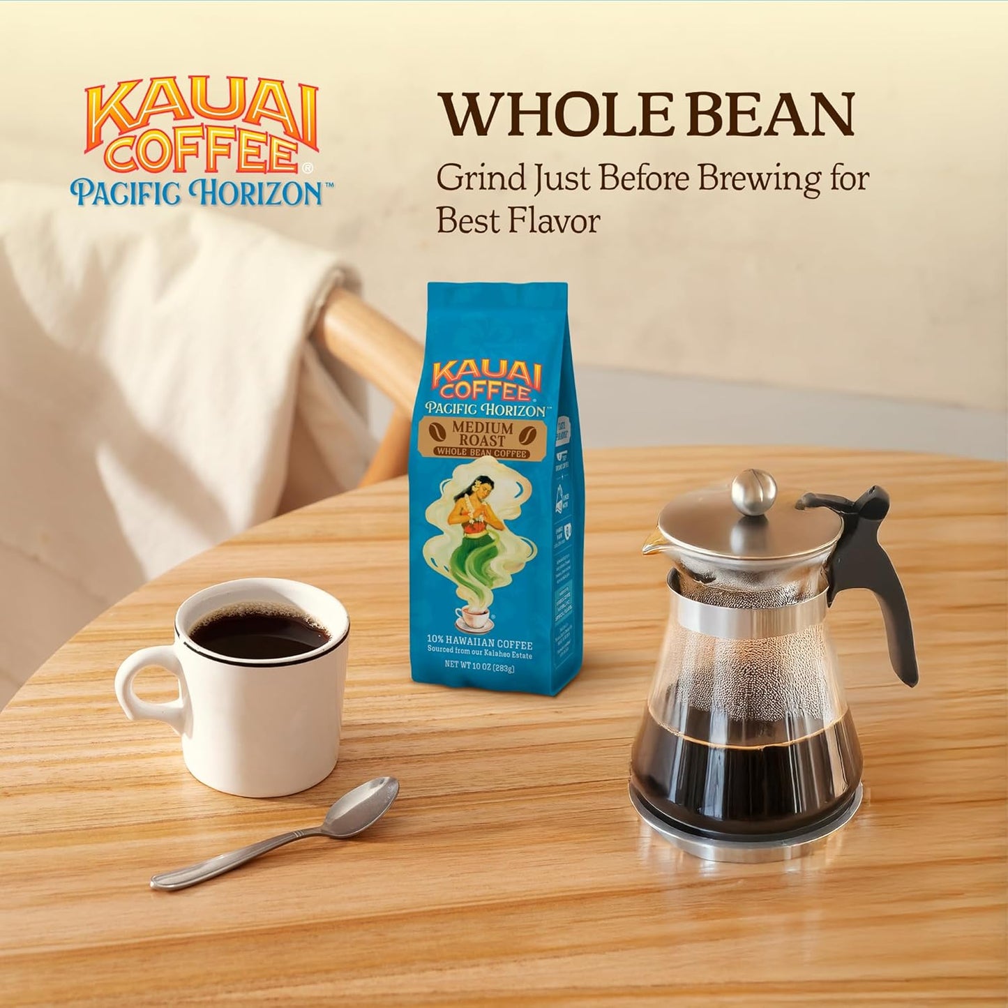 Kauai Coffee Whole Bean Coffee – Smooth, Non-Bitter Pure Arabica – Light Floral Notes & Bright Aroma – Grown on Hawaii's Largest Coffee Farm – Koloa Estate Medium Roast, 1 Pack of 10oz