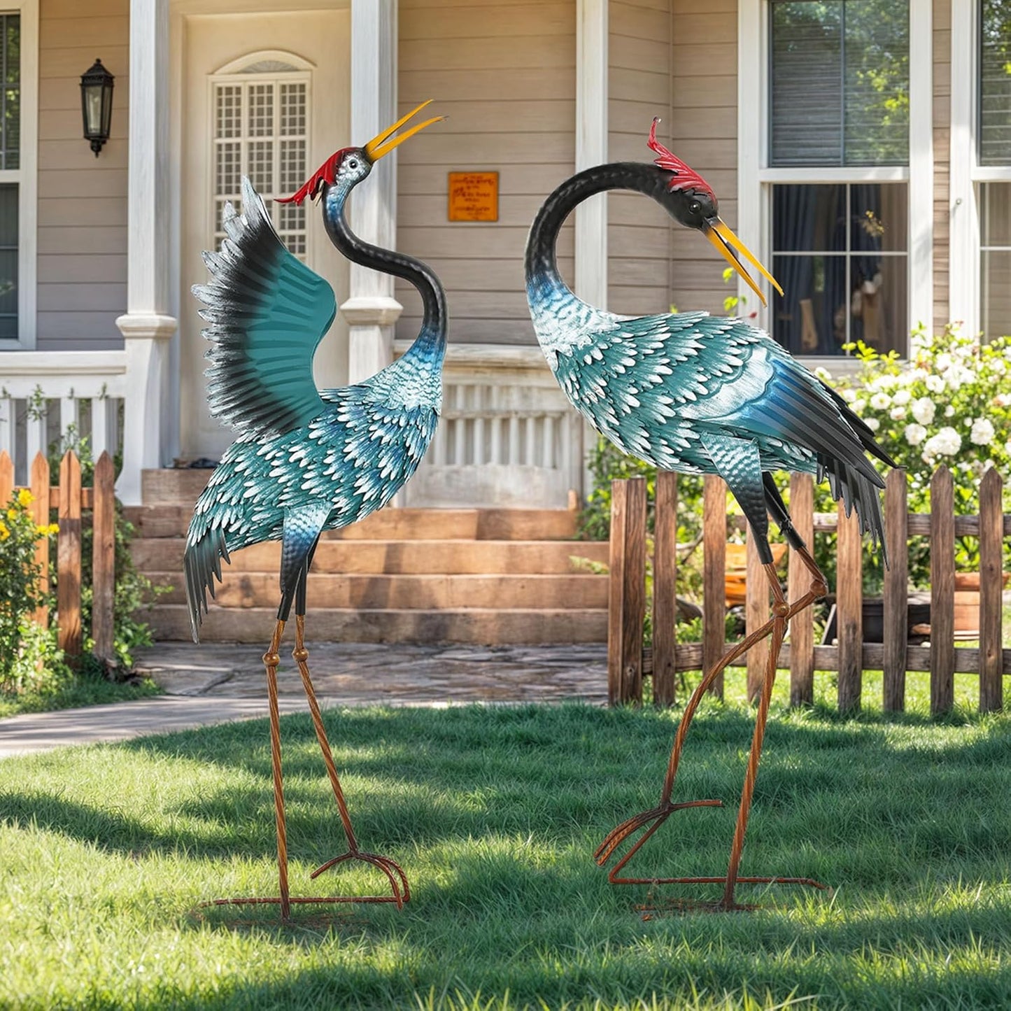 36.8" Metal Crane Garden Statue, Handcrafted Extra-Large Blue Heron De