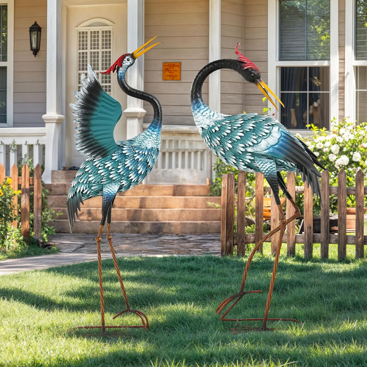 36.8" Metal Crane Garden Statue, Handcrafted Extra-Large Blue Heron De