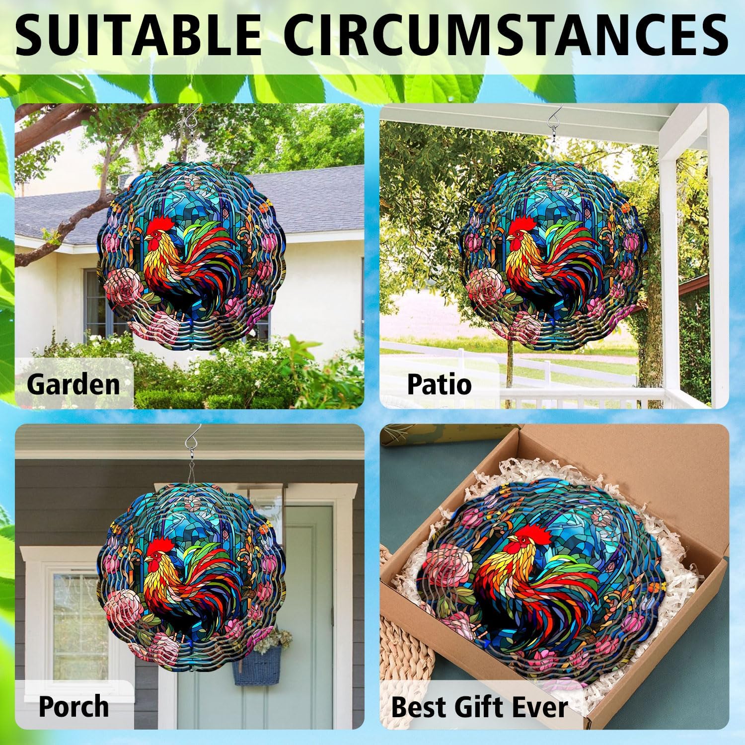 Rooster Yard and Garden Wind Spinner, Unique 3D Hanging Rooster Wind S
