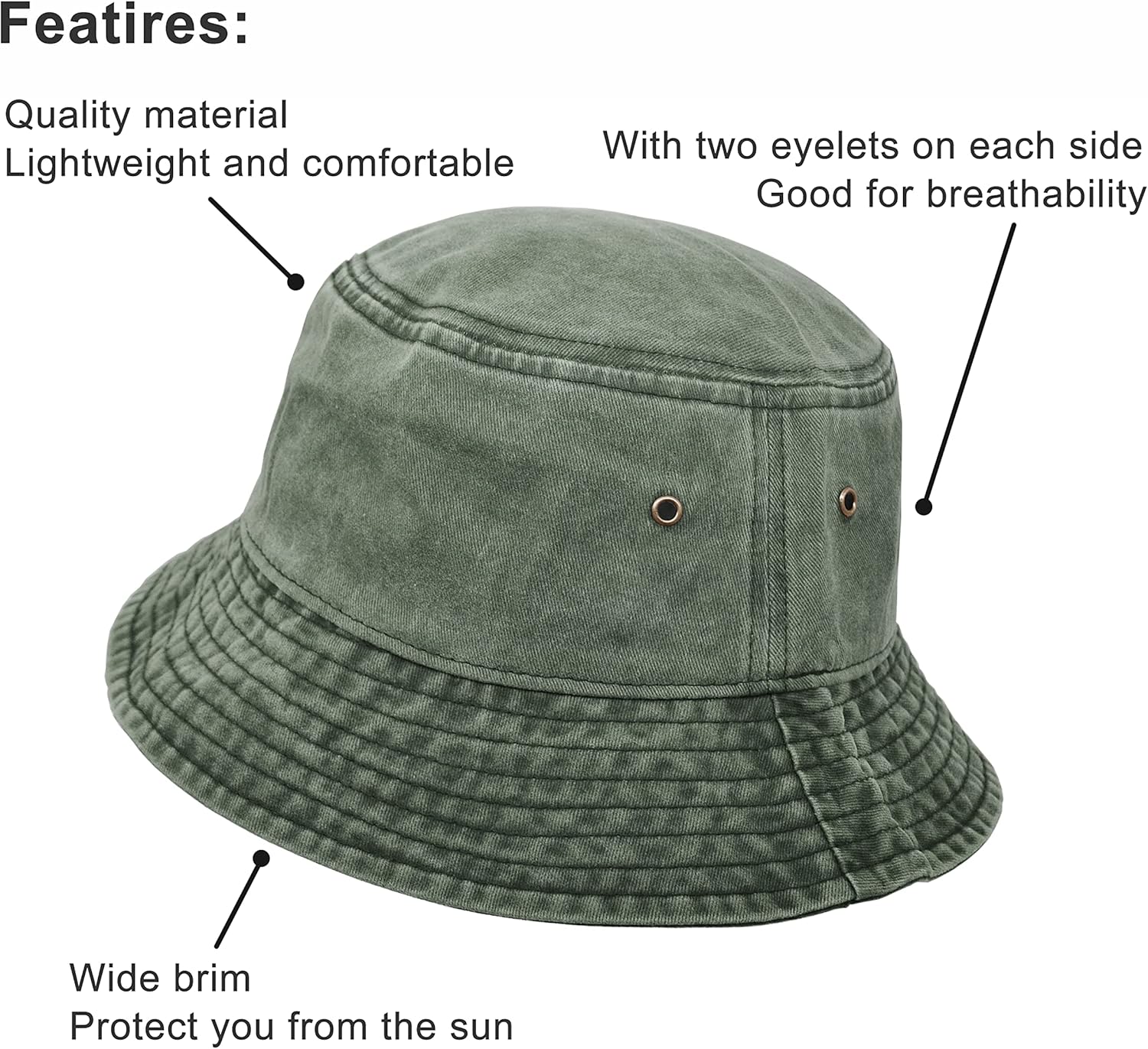 Bucket Hat, Wide Brim Washed Denim Cotton Outdoor Sun Hat Flat Top Cap