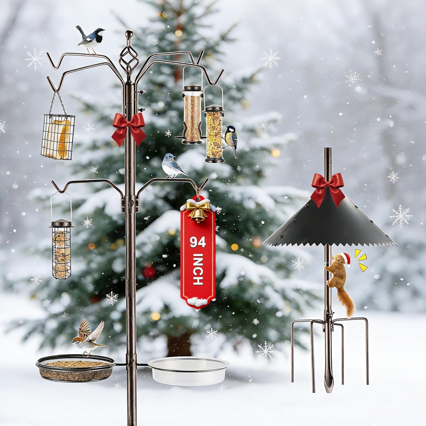 Bird Feeder Station Kit - Wild Bird Feeder Pole with Multi Feeder, Suet Cage, Planter Hanger with Squirrel Guard Baffle for Attracting Birds