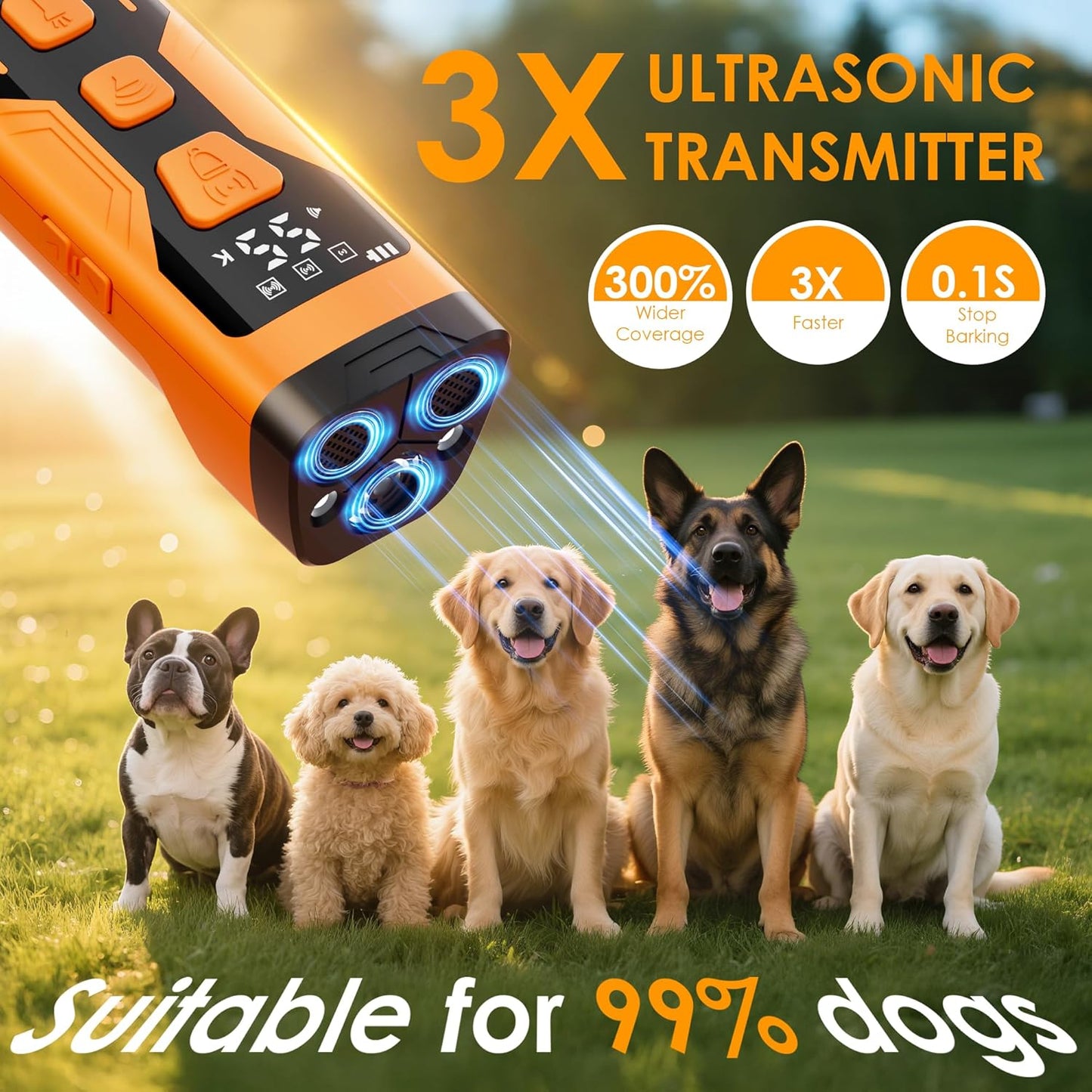 Dog Bark Deterrent Devices, 3X Ultrasonic 65FT Anti Barking Device, 4 