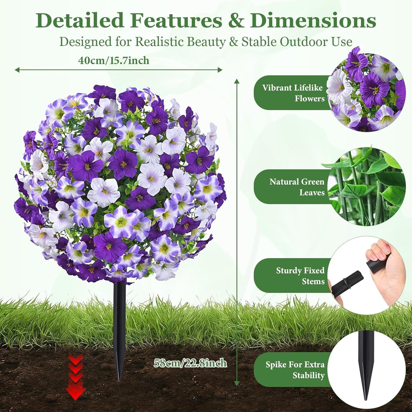 23" Artificial Boxwood Topiary Ball Trees with Petunias Flowers, Set of 2 Faux Outdoor Plants with Ground Spike for Outdoors, UV Resistant Fake Flowers for Outdoor Garden Yard Front Porch Patio Decor