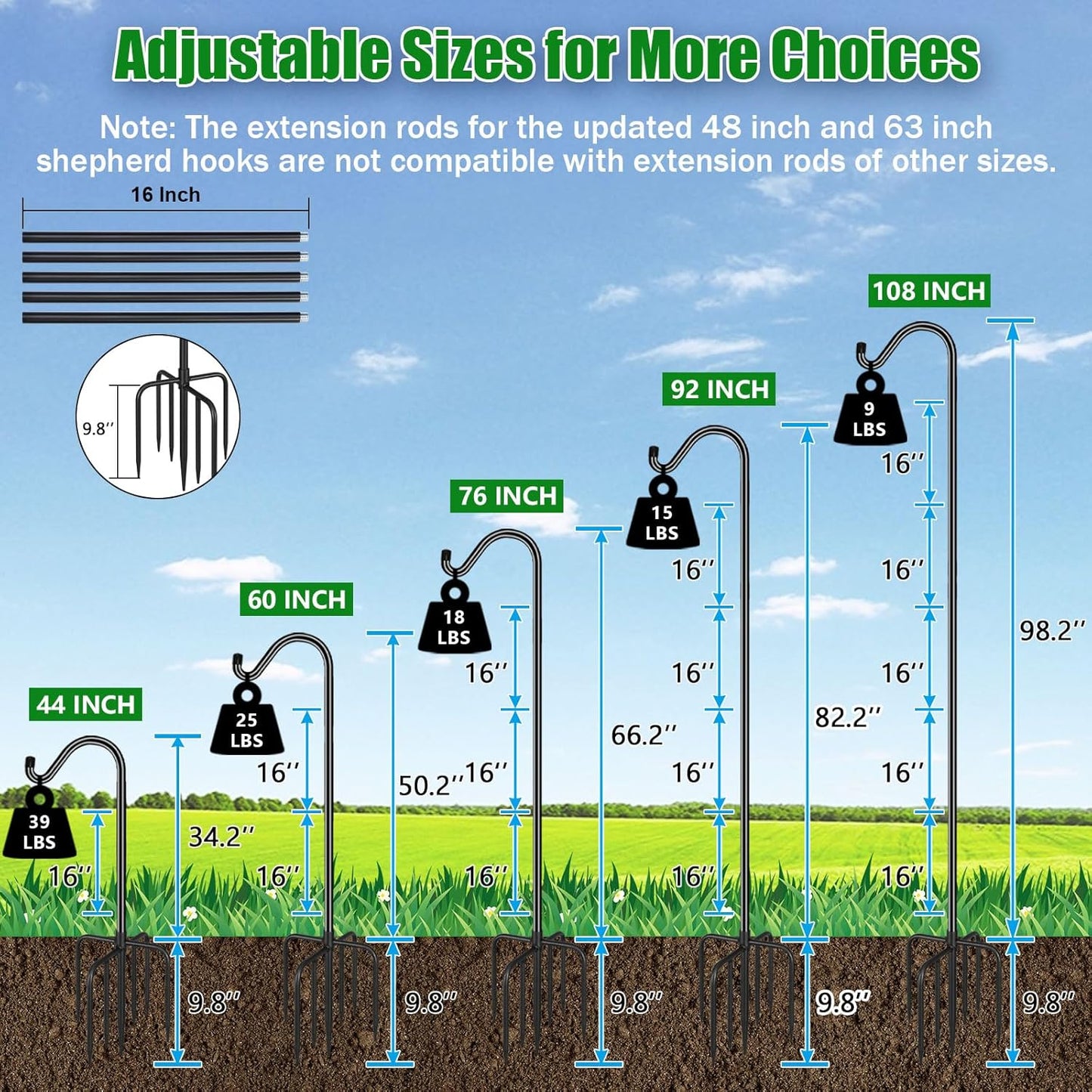 FEED GARDEN Adjustable Shepherd Hook Bird Feeder Pole with 7 Prongs Base, 108 Inch Tall 5/8 Inch Thick, Heavy Duty Outdoor Garden Poles for Hanging Bird Feeders, Plant Baskets, Black (2 Pack)