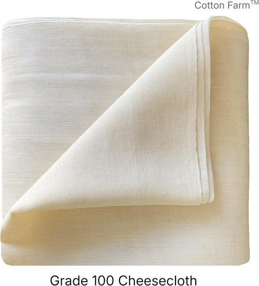 Cotton Farm Grade 100 Cheese Cloths for Straining & Cooking, 18 × 18 Inch, 100% Unbleached Cotton Cheesecloth, Butter Muslin, Finished Edge, Reusable & Pre-Washed