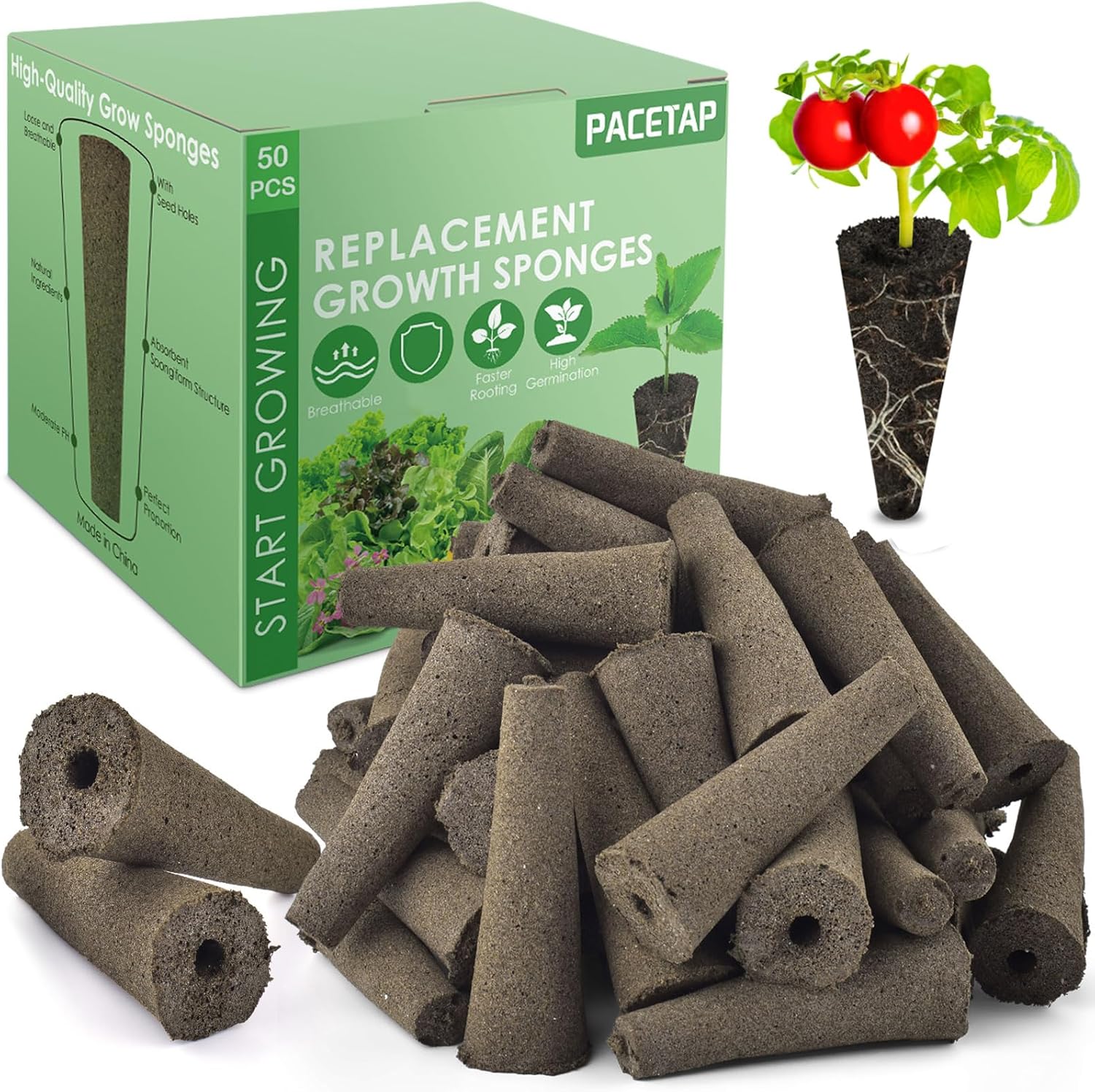 PACETAP 50 Pack Grow Sponges, Seed Pods Replacement Root Growth Sponge
