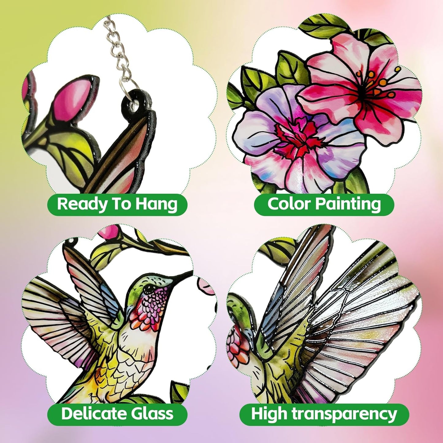 Stained Glass Hummingbird Suncatcher, Marzovitra 12 inch Stained Glass Window Hanging Yard Décor with Flowers, Sun Catcher for Home Decor, Garden, Patio Bird Window Art Gift for Nature and Bird Lovers