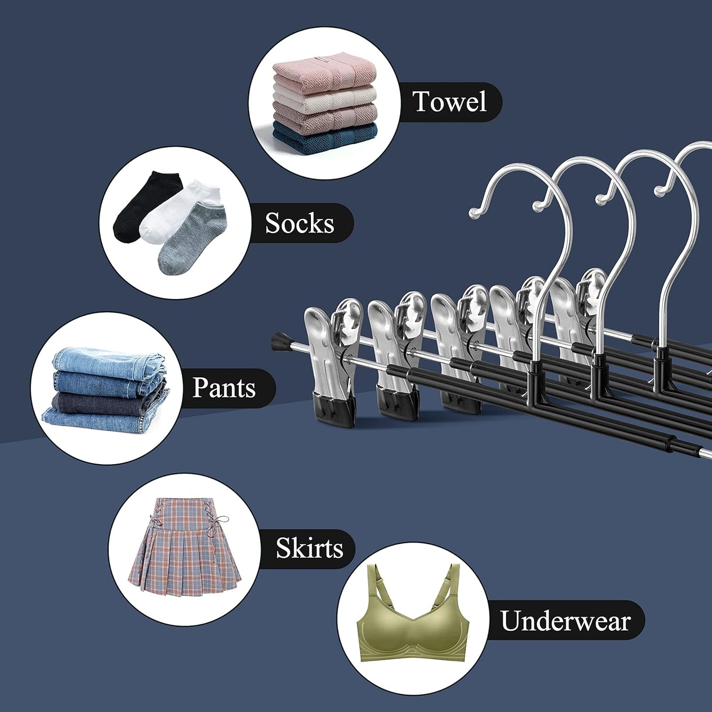 Pants Hangers with Clips for Women 20 Pack Adjustable Heavy Duty Space Saving Skirt Hangers Non-Slip Trousers, Jeans Clothes ,Shorts Black,12Inch
