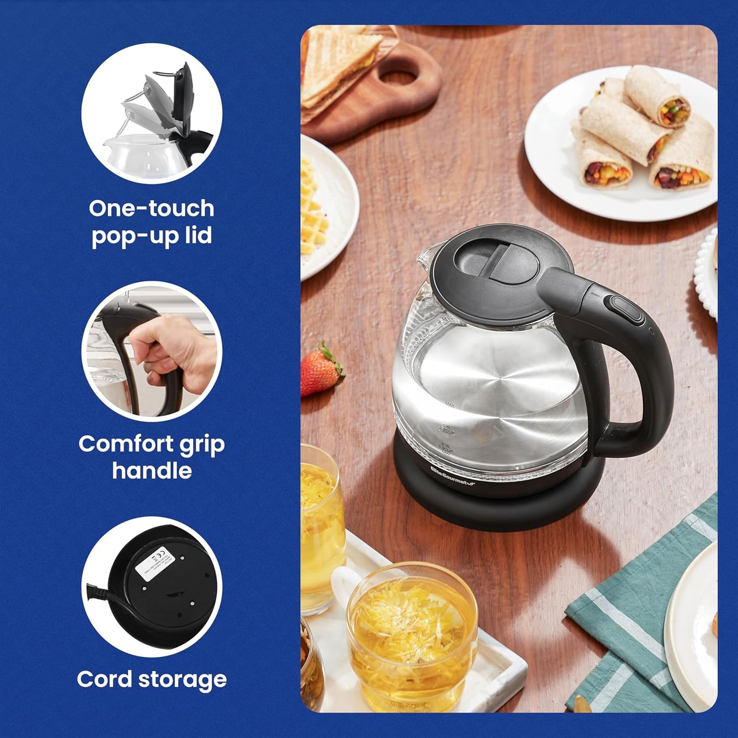Elite Gourmet EKT1001 Electric 1.0L BPA-Free 1100W Glass Kettle Cordle